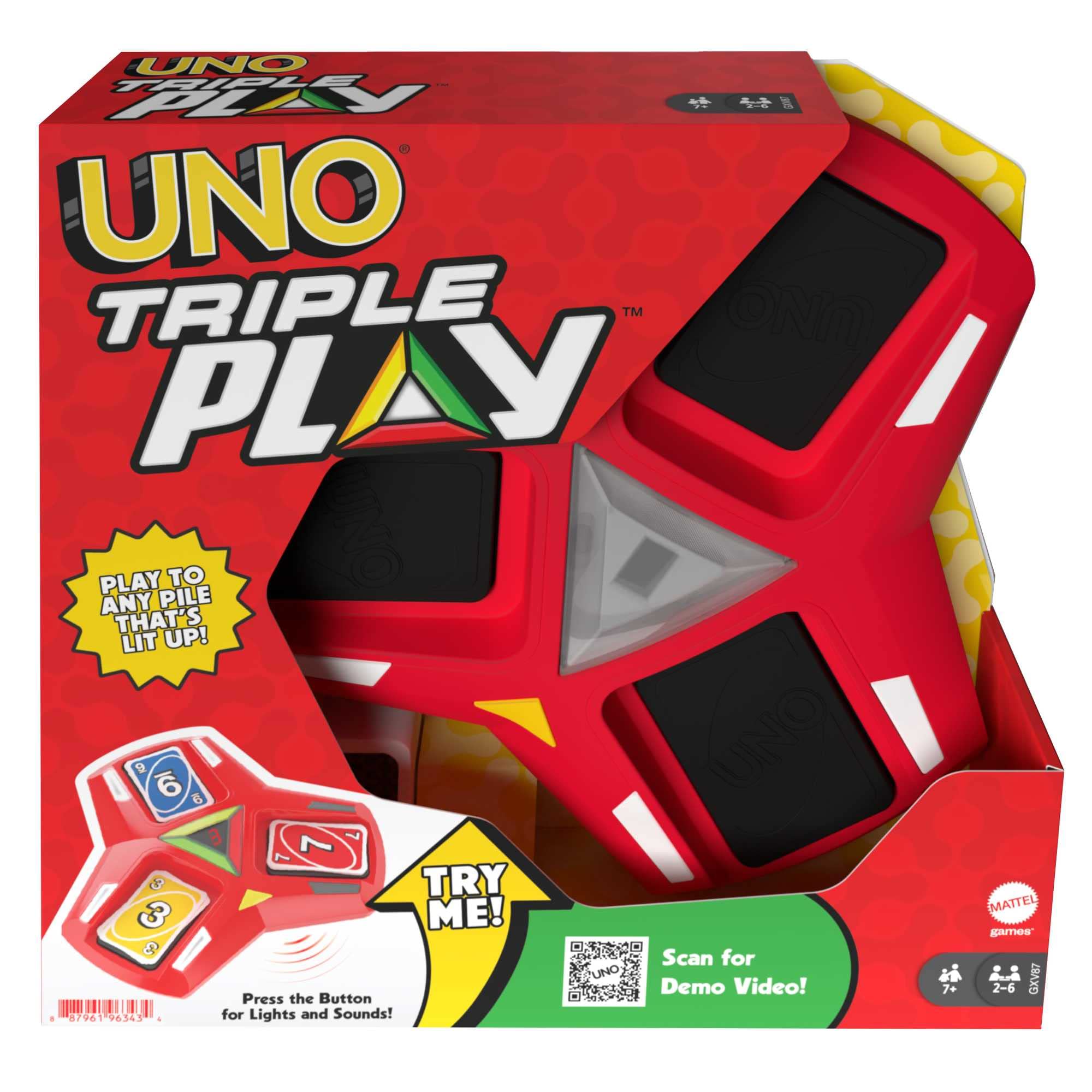 Mattel Games - UNO Triple Play Gioco di Carte con Porta-​Carte, Luci Led e Suoni, Giocattolo per Bambini, Ragazzi e Adulti 7+​Anni, HCC21