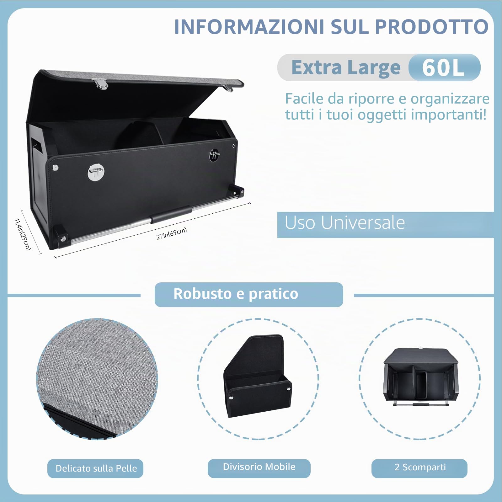 Organizer Bagagliaio Auto, Maniglia Push-pull, Cuoio Pieghevole 2 Scomparti Organizer Auto Bagagliaio, Adatto per Tutti i Tipi di automobile, SUV, Minivan (Grigio)