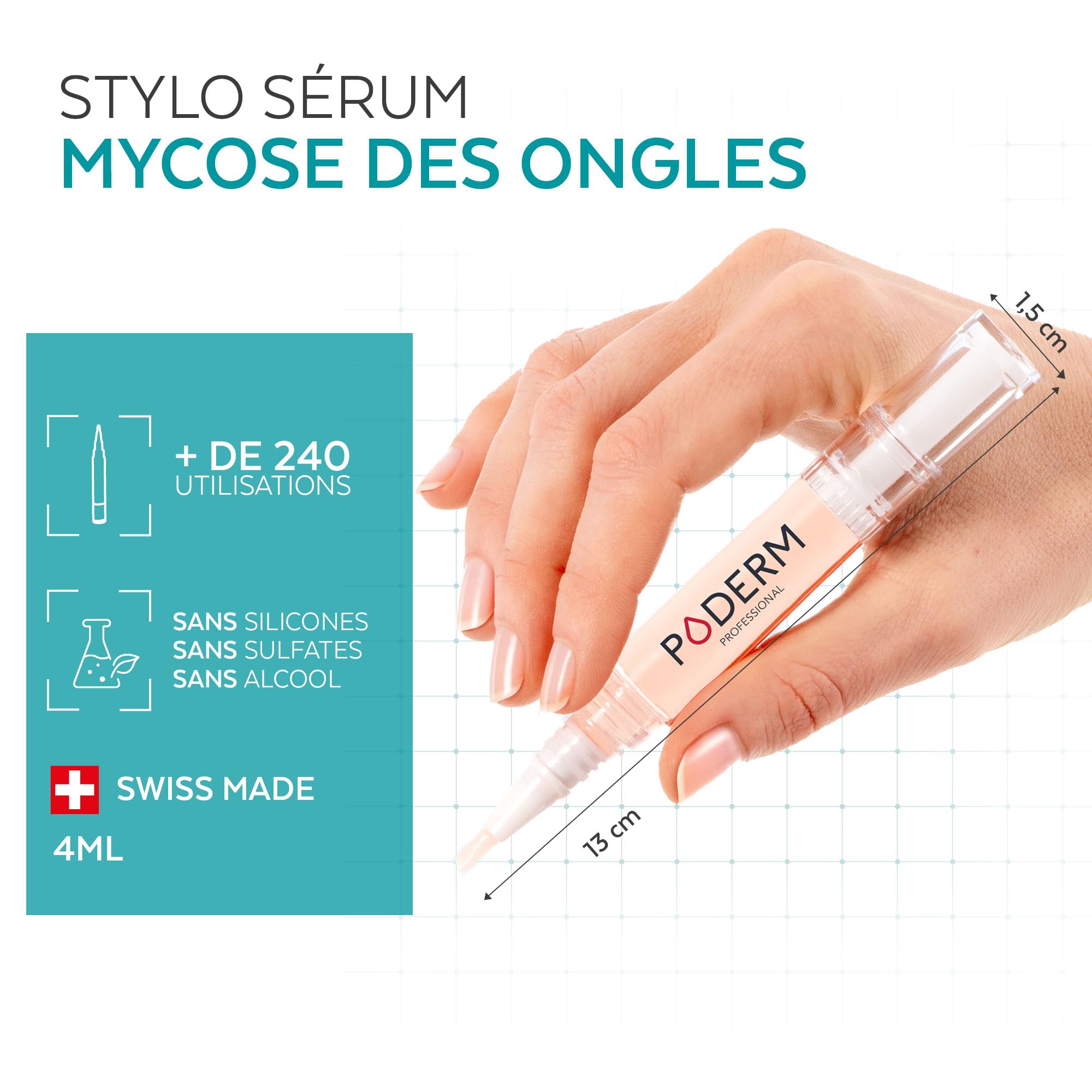 PODERM Stylo Mycose Ongles Des Pieds 4ML – Formule Vegan | Traitement 3en1 Elimine la Mycose | Nail Care Pen | 3 Secondes Par Jour et Résultats Rapides | Créé Par Une Podologue - Fabriqué en Suisse