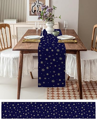 Miniatura 3 de Camino de mesa de Navidad de copo de nieve azul de 90 pulgadas de largo, bufandas de vestido de granja, diseño de copo de nieve de invierno amarillo