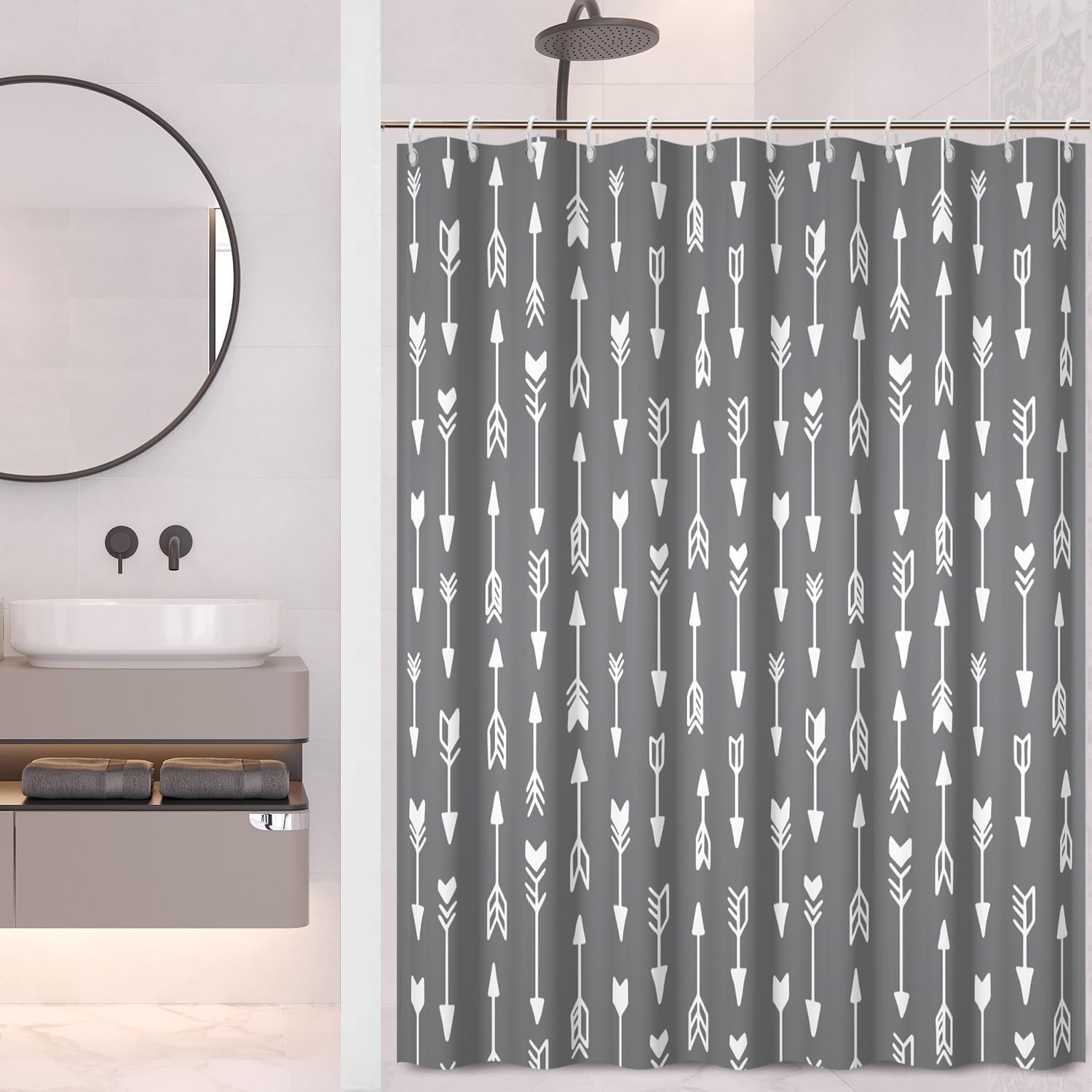 OERJU Arrows Shower Curtain Dark Grey Background Casual Style Machine Washable Bathroom Curtain Set with Hooks 72x84inch Waterproof Polyester