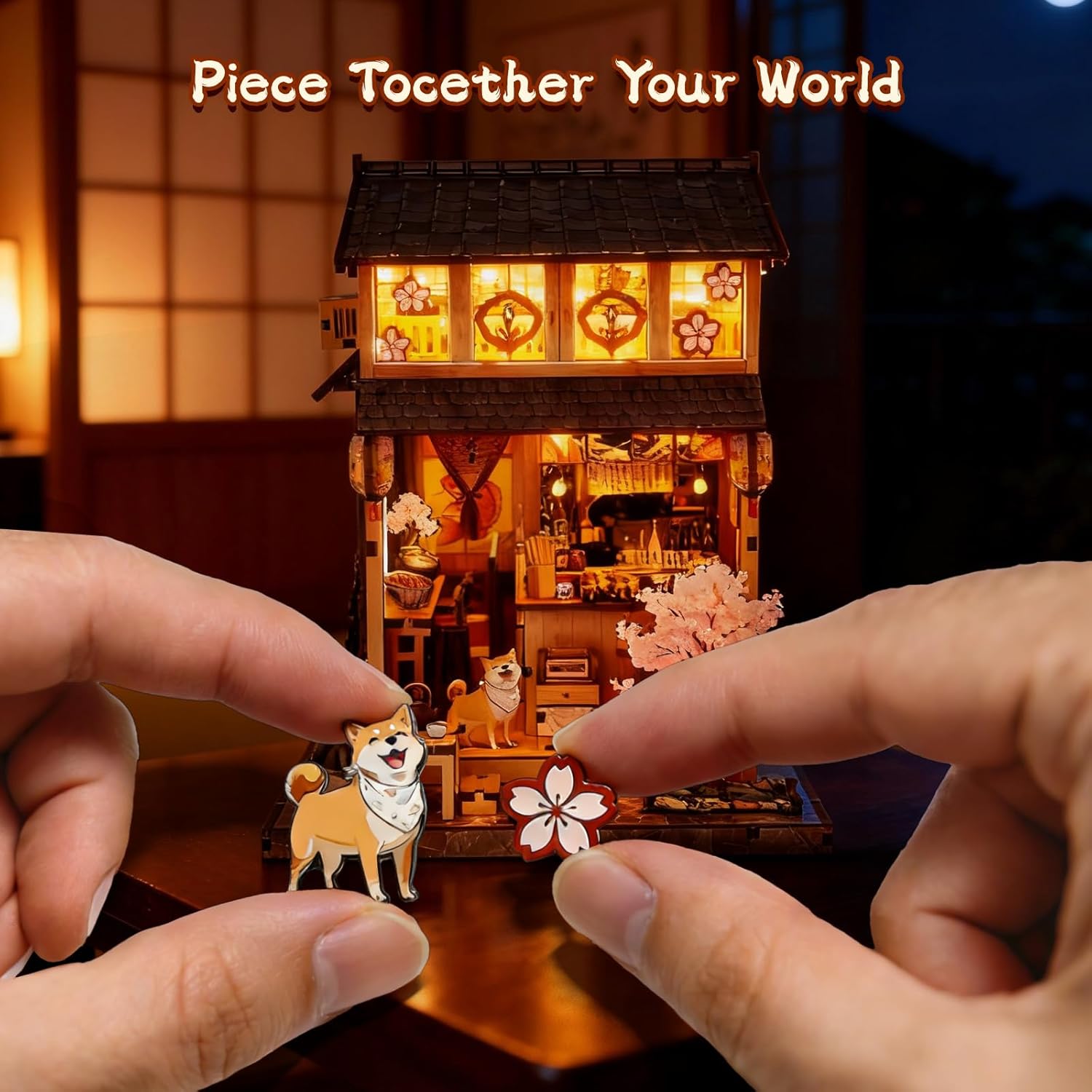DIY Book Nook Kit for Adults, Japanese Sakura Dollhouse Kit, Miniature House Kit with LED Light, Mini Building Kit, 3D Wooden Puzzles Bookshelf Craft Diorama for Adults Teen Gifts (Japanese Izakaya)
