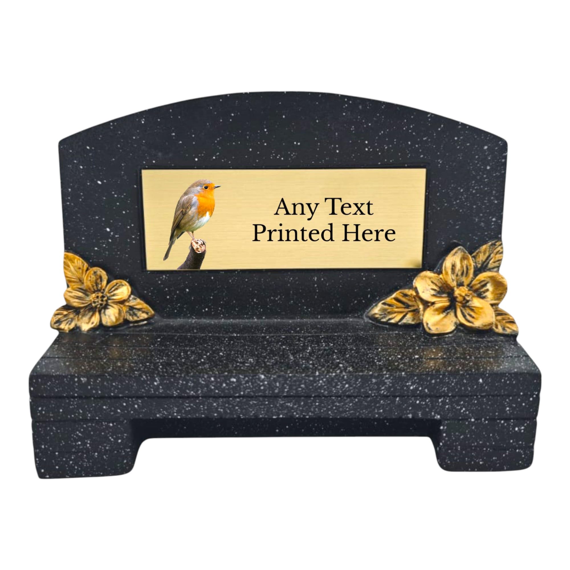 1stclassgifts Personalised Printed Black Memorial Bench With Plaque Gold Flowers Grave Marker Various Designs Available Rainbow Robin Owl Kingfisher Cross (UV PRINTED) (Gold Plate/Black Text, Robin)