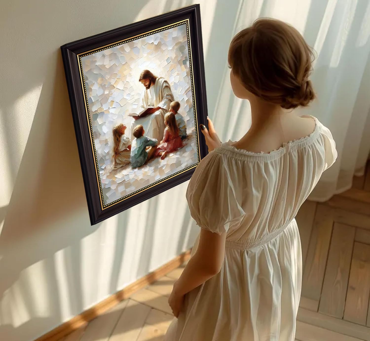 Dark Brown Framed Jesus Teaching Kids Canvas Wall Art Christian Children Room Wall Decor Picture Children Of God Watercolor Poster Print for Kids room living room bedroom home decoration