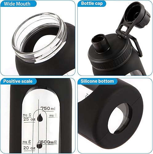 Miniatura 4 de Botella agitadora de vidrio de 34 oz1 L, botella mezcladora de proteínas de vidrio negro con bola agitadora, botellas grandes para mezclas de