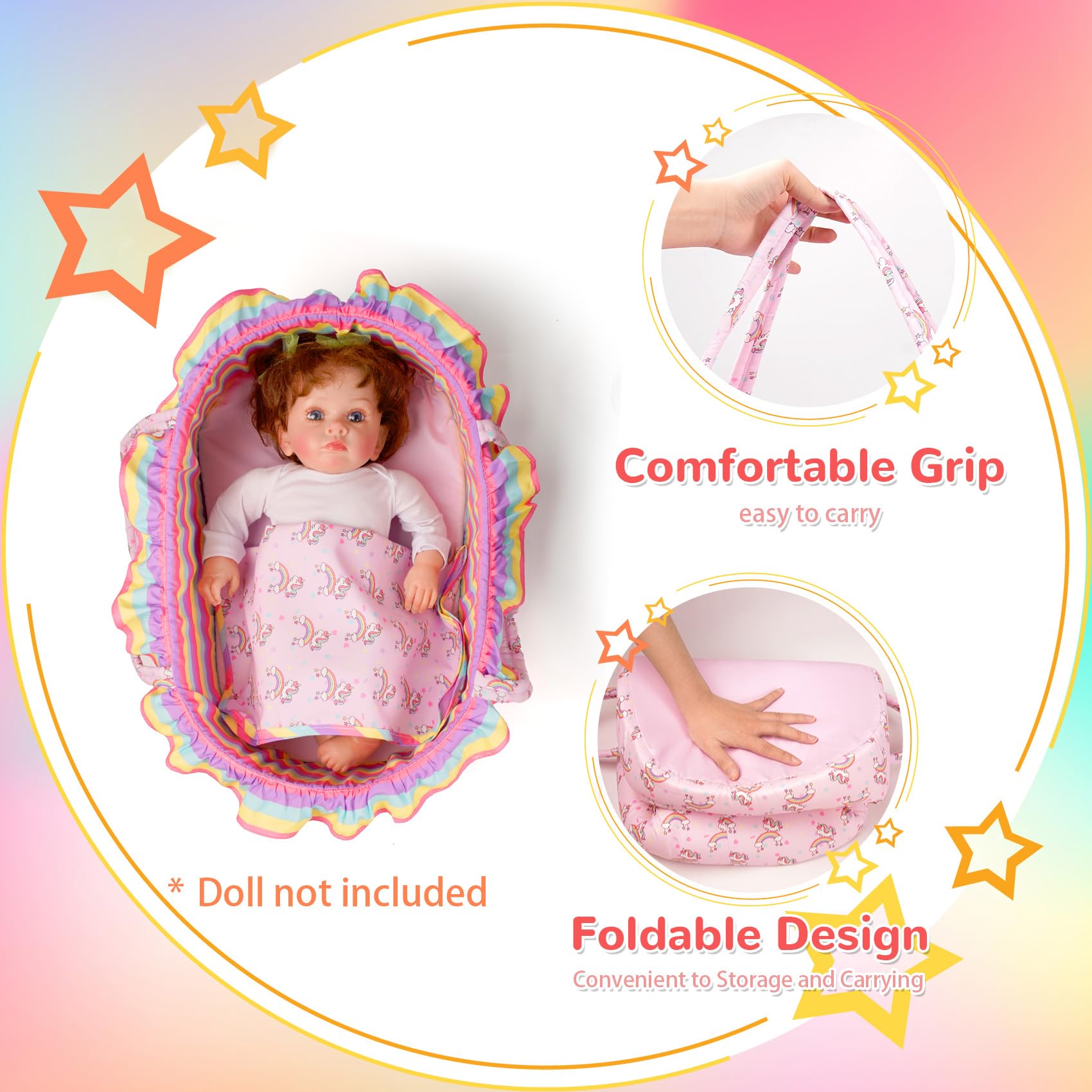 ARTST Baby Doll Bed Set- Portable Bassinet for Dolls up to 53 cm - Handbag for Girl - Includes Blanket, Mattress, Quilt - Image 4