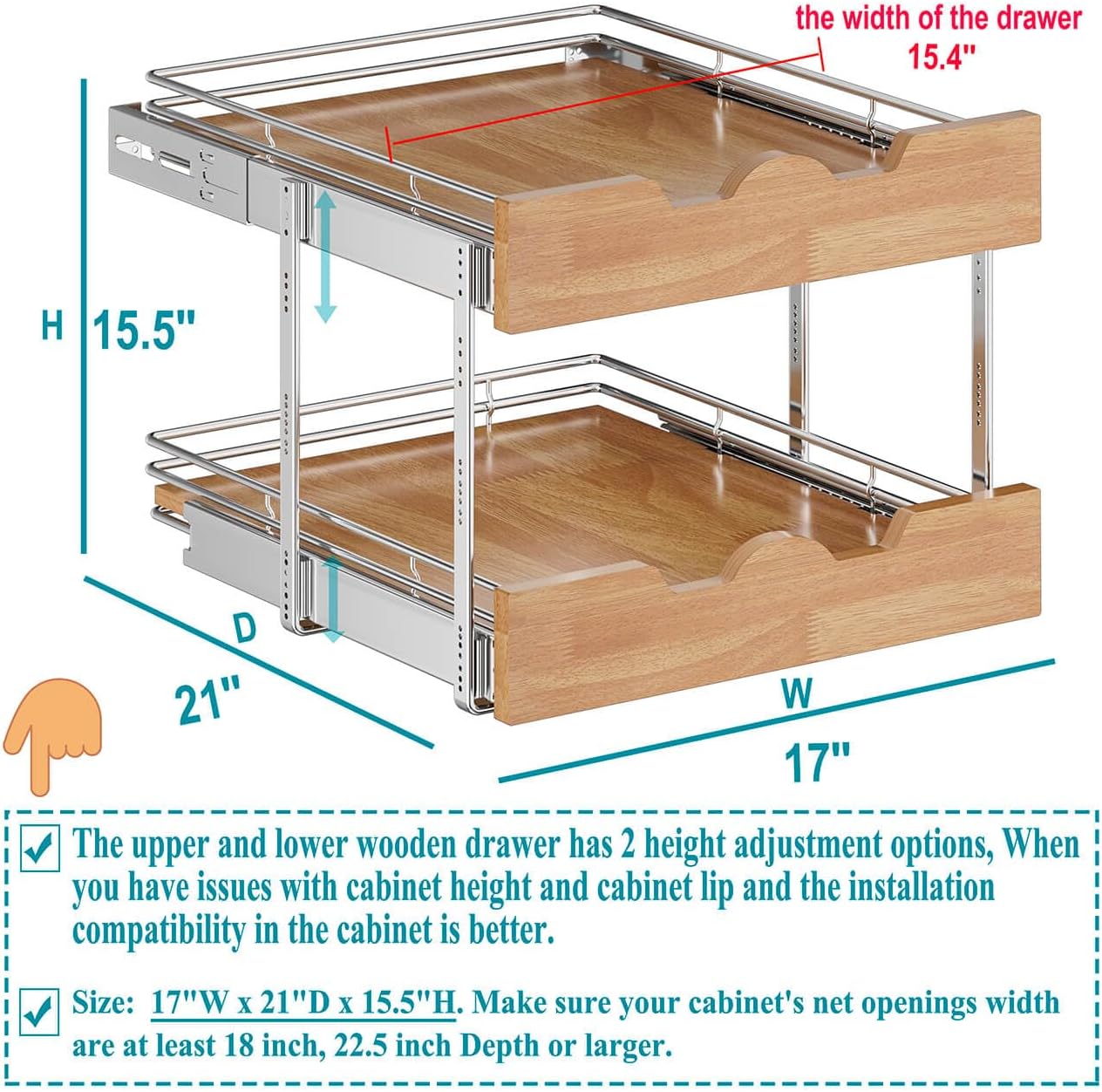 OCG Pull Out Cabinet Organizer 17" W x 21" D, 2 Tier Slide Out Shelf, Heavy-Duty Pull Out Drawer for Cabinets, Base Cabinet Organization for Kitchen, Pantry, Bathroom
