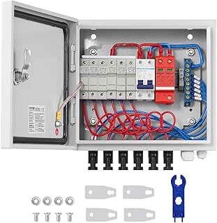 VEVOR PV Combiner Box, 6 String Metal Solar Combiner Box with 10A Rated Current Fuse 63A Circuit Breaker Lightning Arrester, Steel Case for On/Off Grid Solar Panel System, IP65