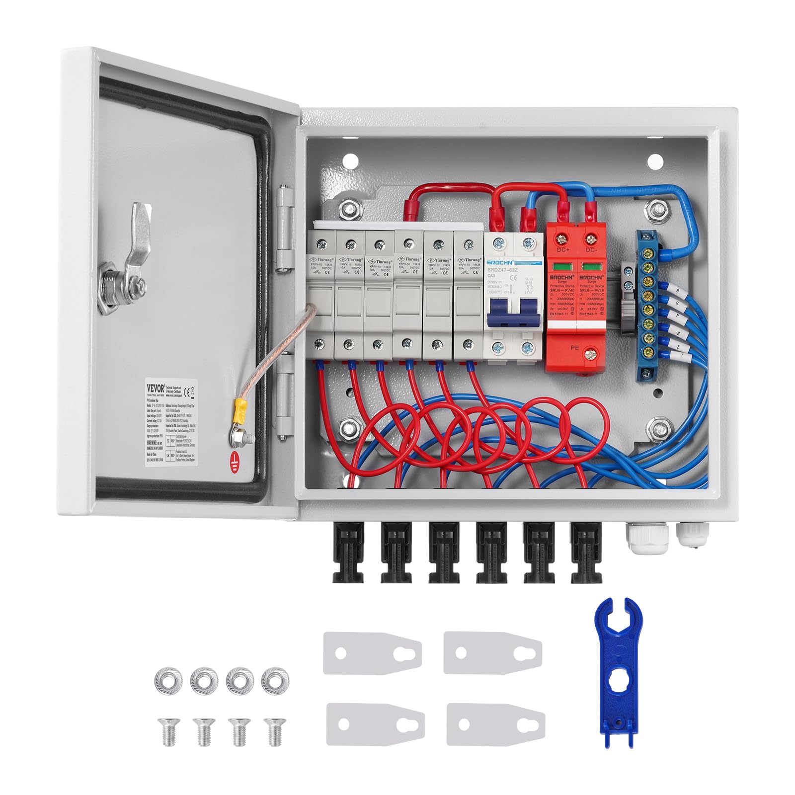 VEVOR Boîte de combinaison PV, 6 chaînes, boîte de combinaison solaire avec fusible de courant nominal 10 A, disjoncteur 63 A parafoudre, en acier pour système de panneaux solaires marche/arrêt, IP65