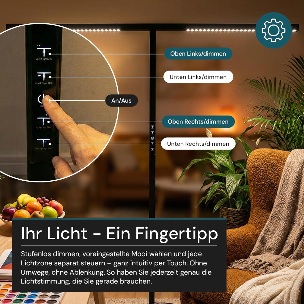 LUXULA Büro Stehleuchte LED Up/Down - Stehlampe Büro für Schreibtisch Homeoffice, dimmbar per Touch - 90W 5000lm, 4000K Neutralweiß, UGR<16 blendarm, CRI 98 farbtreu, Automatikdimmung, Schwarz