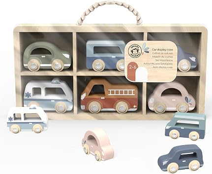 SPEEDY MONKEY Wooden Toy Cars Set for Pretend Play | 6-Piece Kids Vehicle Set with Wooden Storage Case | Includes Fire Truck, Ambulance & Colorful Mini Cars for Kids Ages 3+