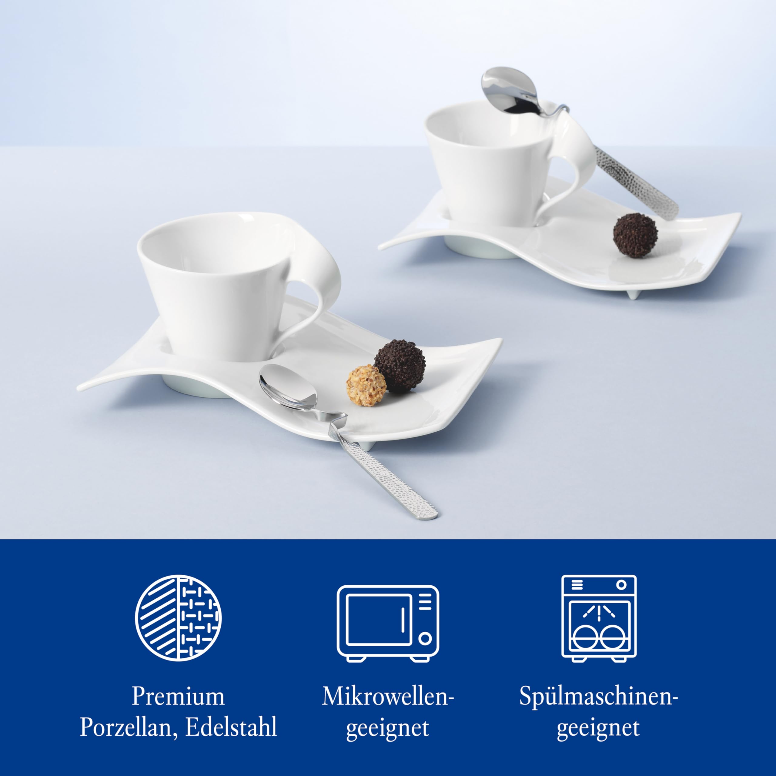 Villeroy & Boch - Newwave Caffè Kaffeetassen Set mit Kaffeelöffel 6 teilig für 2 Personen, Spülmaschinenfest, Tassen Set, Kaffeeservice, Kaffee Set, Kaffeebecher Set, Premium Porzellan, Edelstahl