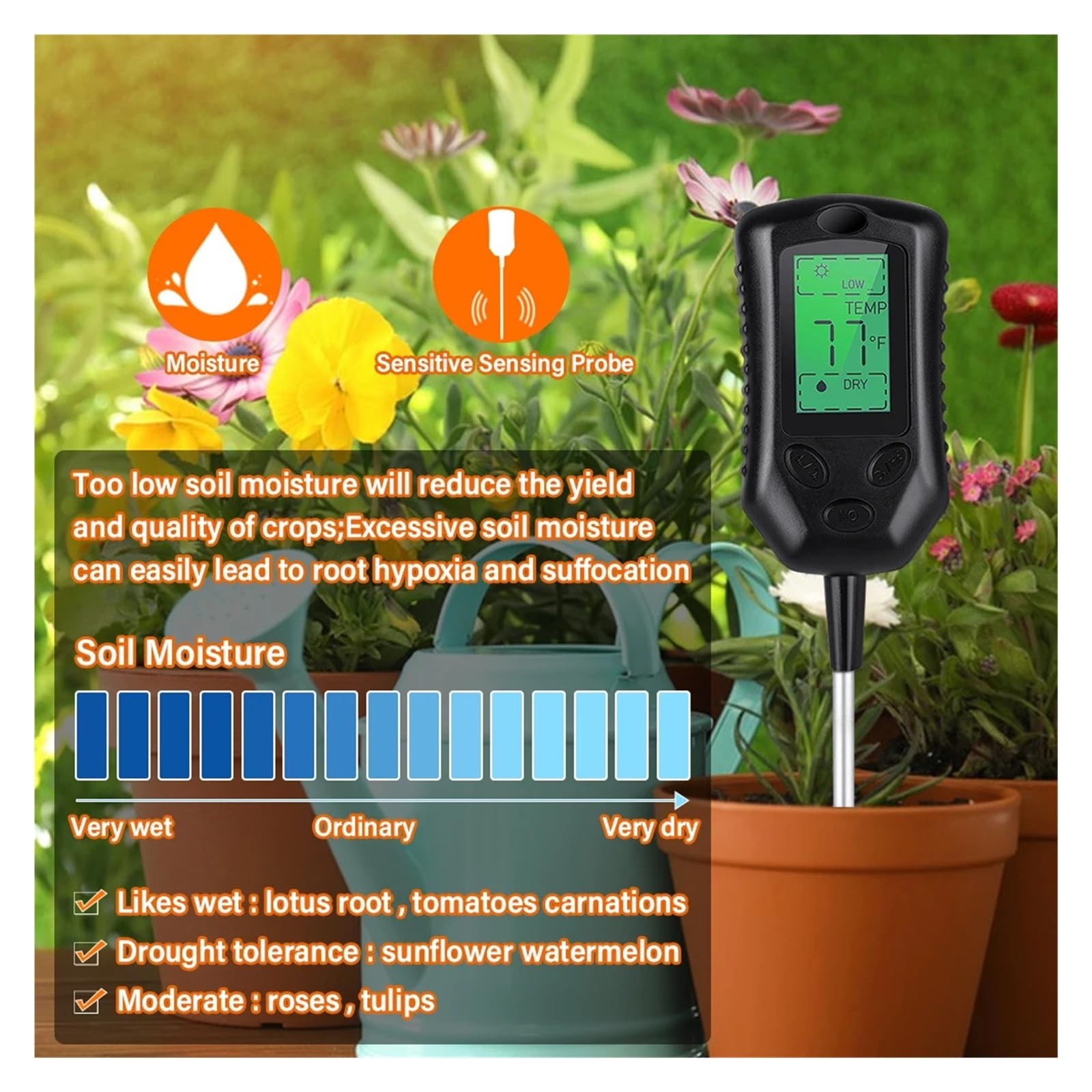 Medidor de humedad del suelo Medidor De PH Del Suelo 4 En 1, Monitor De Humedad, Probador De Luz Solar, Termómetro, Plantas De Jardinería, Sensor De Suelo De Flores Con Luz Negra Fiable y Preciso