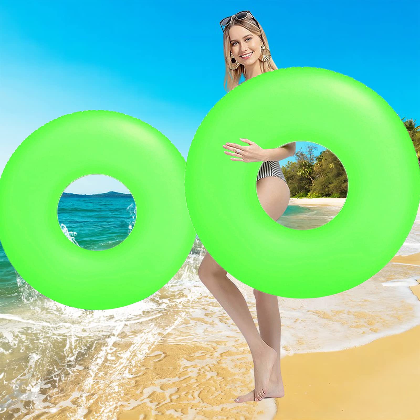 Bouée Géante Adulte Vert Fluo 91 Cm – Tube Gonflable Piscine Transparent Fluorescent, Anneau Natation Été Plage Fête 12+ Ans