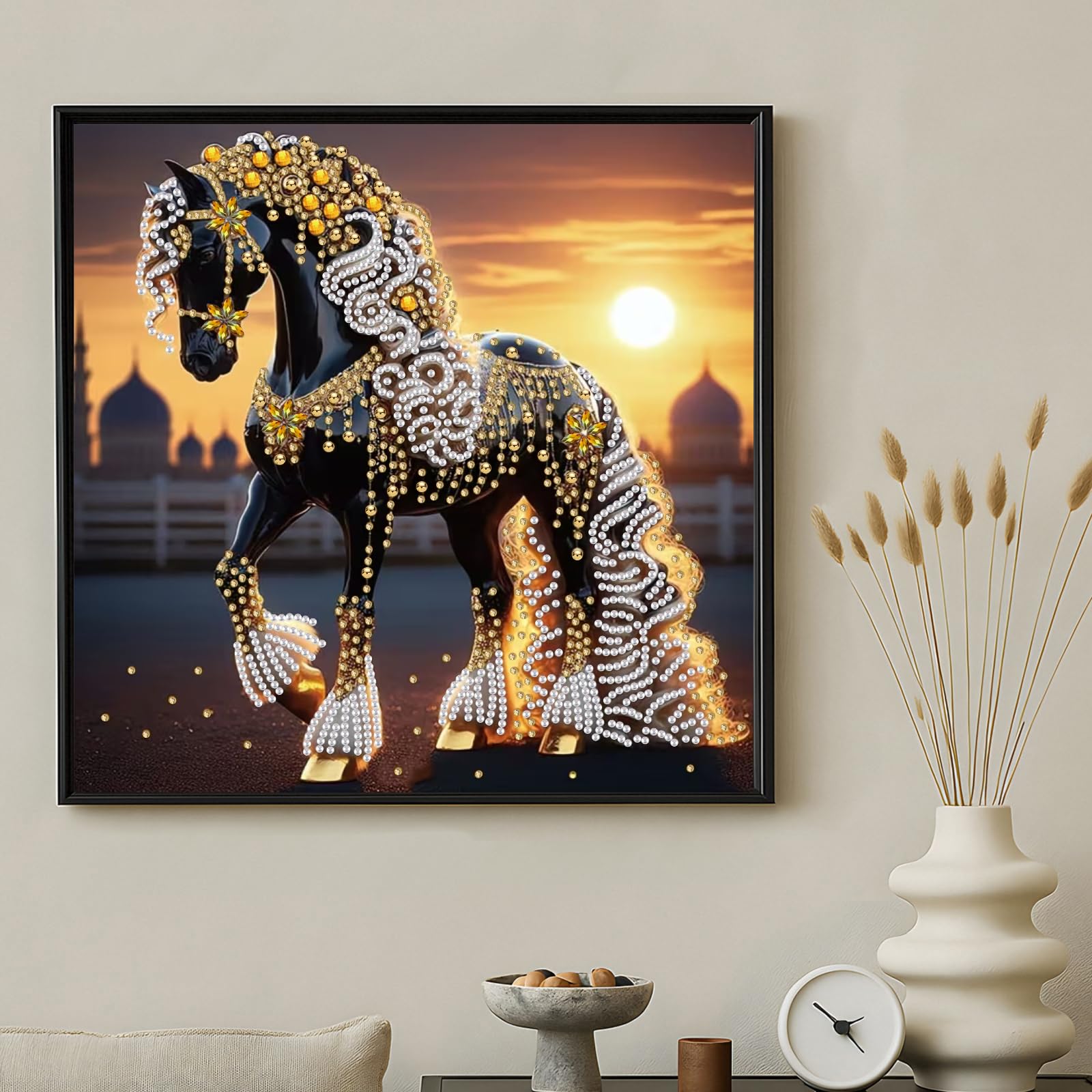 Sunset Golden Steed Special Shaped 5D DIY Partial Drill Diamonds Dots Gem Art Kits 11.81 X11.81inch Diamond Dots Paintings Diamonds Paintings Gem Art for Adults Beginners Home Decor
