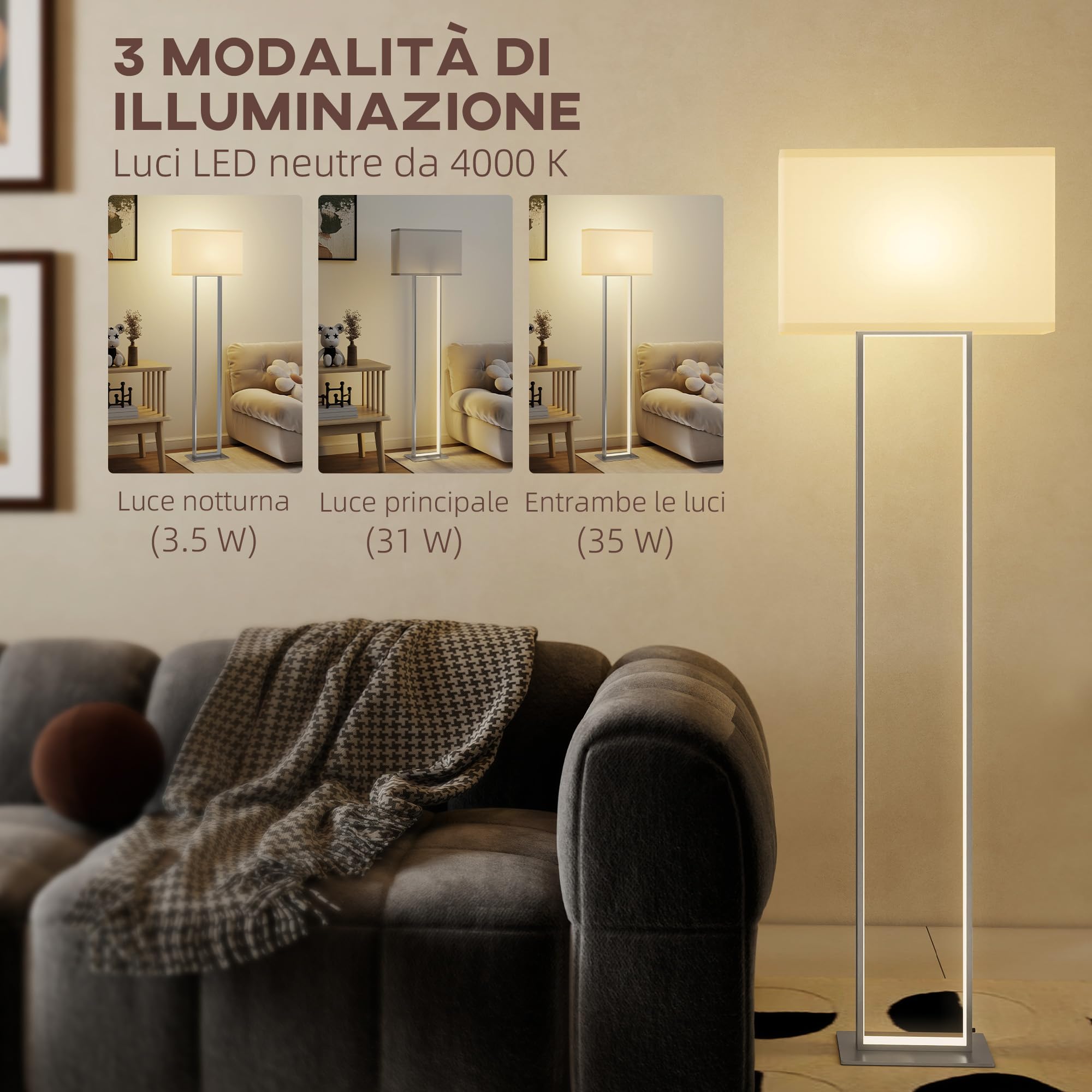 HOMCOM Lampada da Terra da 150 cm Dimmerabile Lampada a Piantana Bianco | Moderna, 3 Modalità, Luminosità Regolabile, Paralume in Tessuto, Interruttore a Pedale