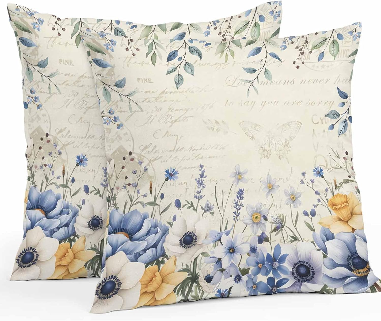 Blue Spring Floral Outdoor Waterproof Pillow Covers, Summer Botanical Flowers Vintage Decorative Square Throw Pillowcase Sofa Cushion Sham for Patio/Couch/Chair, 20"x20" 2 Pack