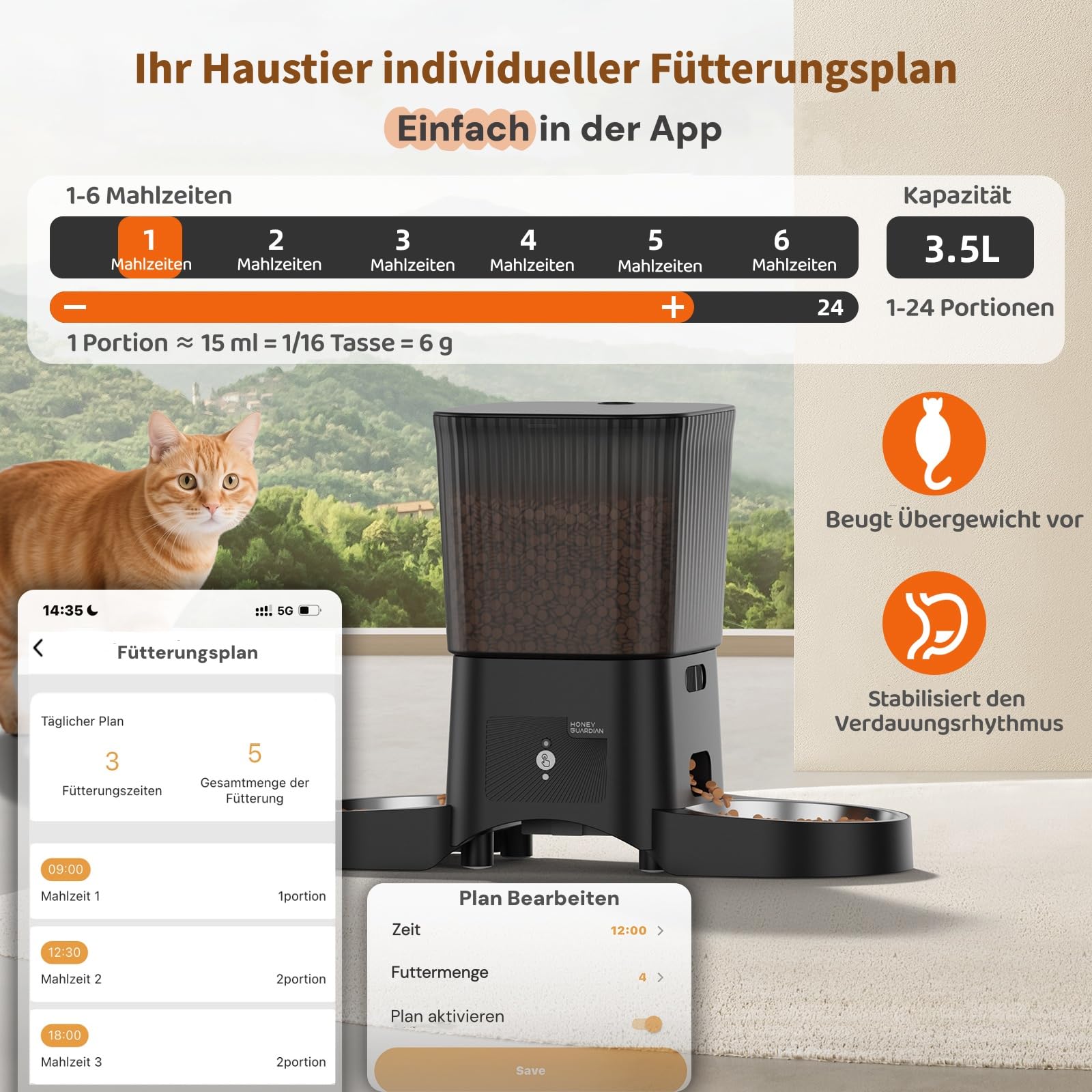 Futterautomat Katze 2 Näpfe mit APP, HONEYGUARDIAN 5G WiFi Intelligenter Katzenfutter Automat, Automatischer Futterspender Katze Hund mit 4 Schüsseln (Edelstahl+Langsame Schüssel), Einfache Bedienung