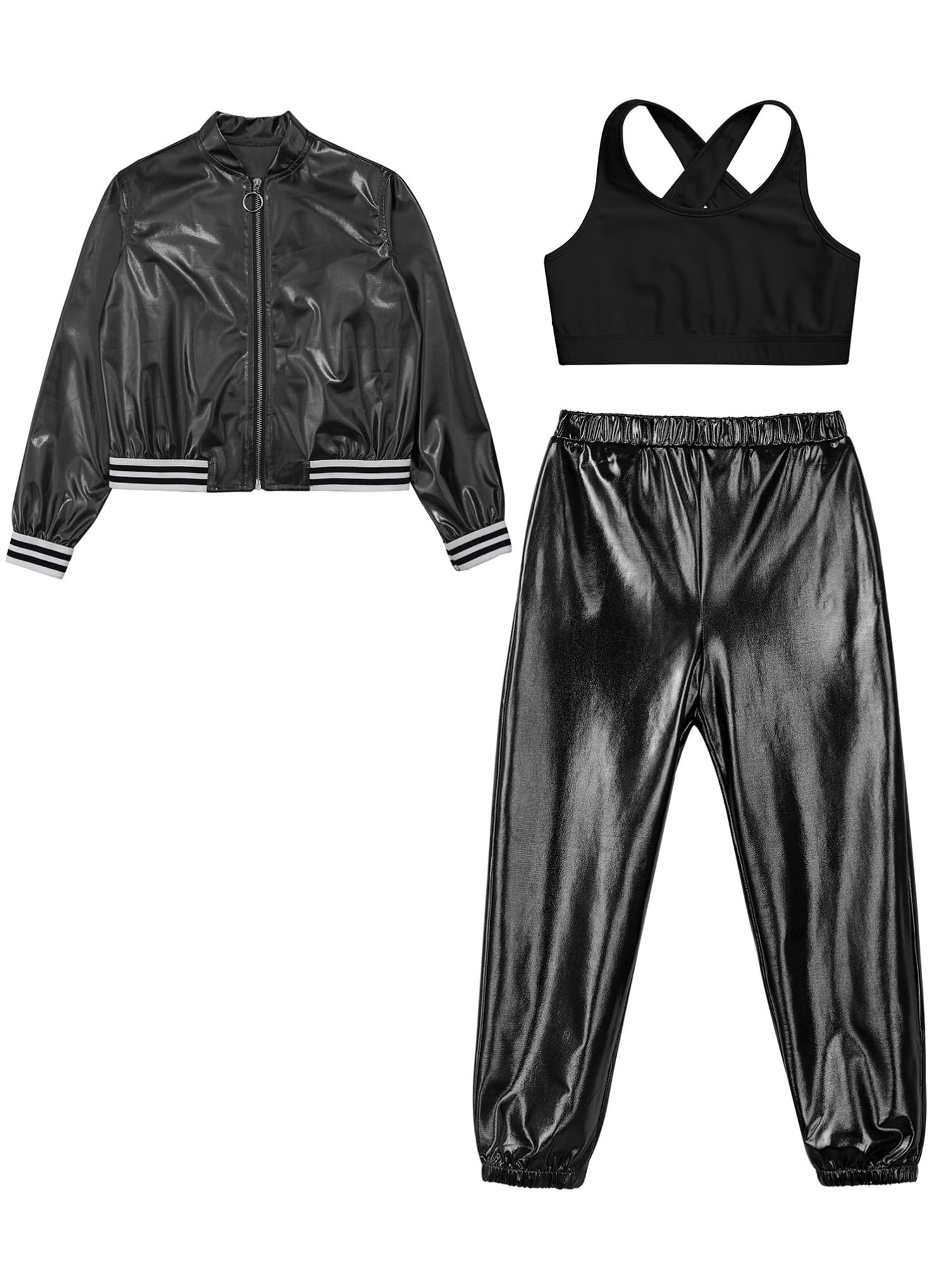 Aislor Tuta da Ginnastica Bambina Metallico Lucido Bomber Giacca da Baseball + Pantaloni Lunghi + Reggiseno a Crossback Completi da Danza Moterna Jazz Hip Hop