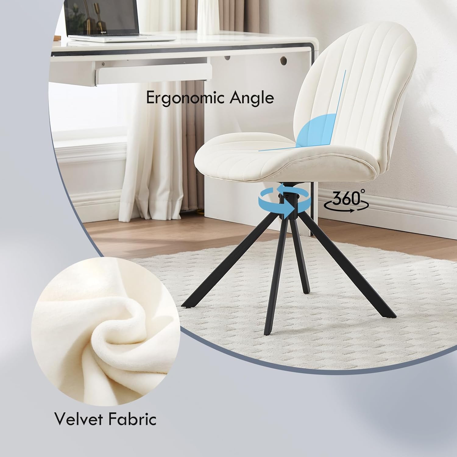 Velvet Swivel Office Chair No Wheels, Small Comfy Mid Century Armless Desk Chair, Cute Swivel Vanity Chair No Wheels for Small Spaces, Bedroom,Living Room,Home Office, Cream
