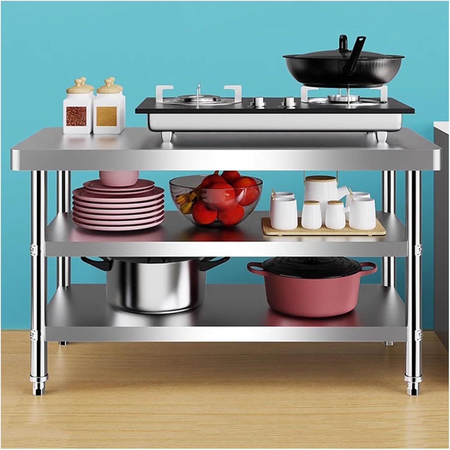 Triple Workbench Commercial Restaurant Cutting Table Packing Table Thickened Stainless Steel Preparation Table Solid Structure Multifunctional Open Storage Shelf(80x40x80cm)