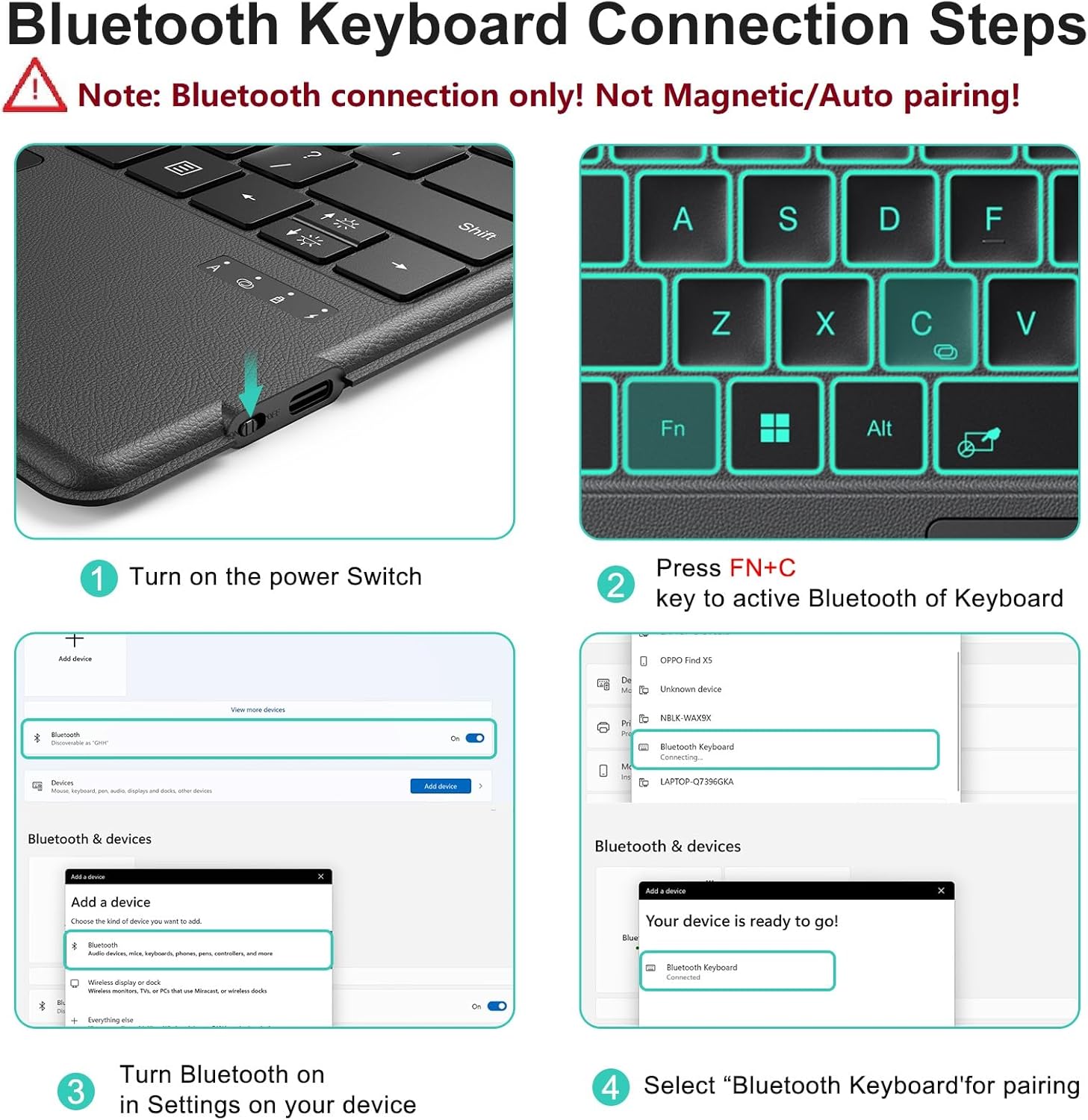 Image detailing Bluetooth keyboard connection steps.