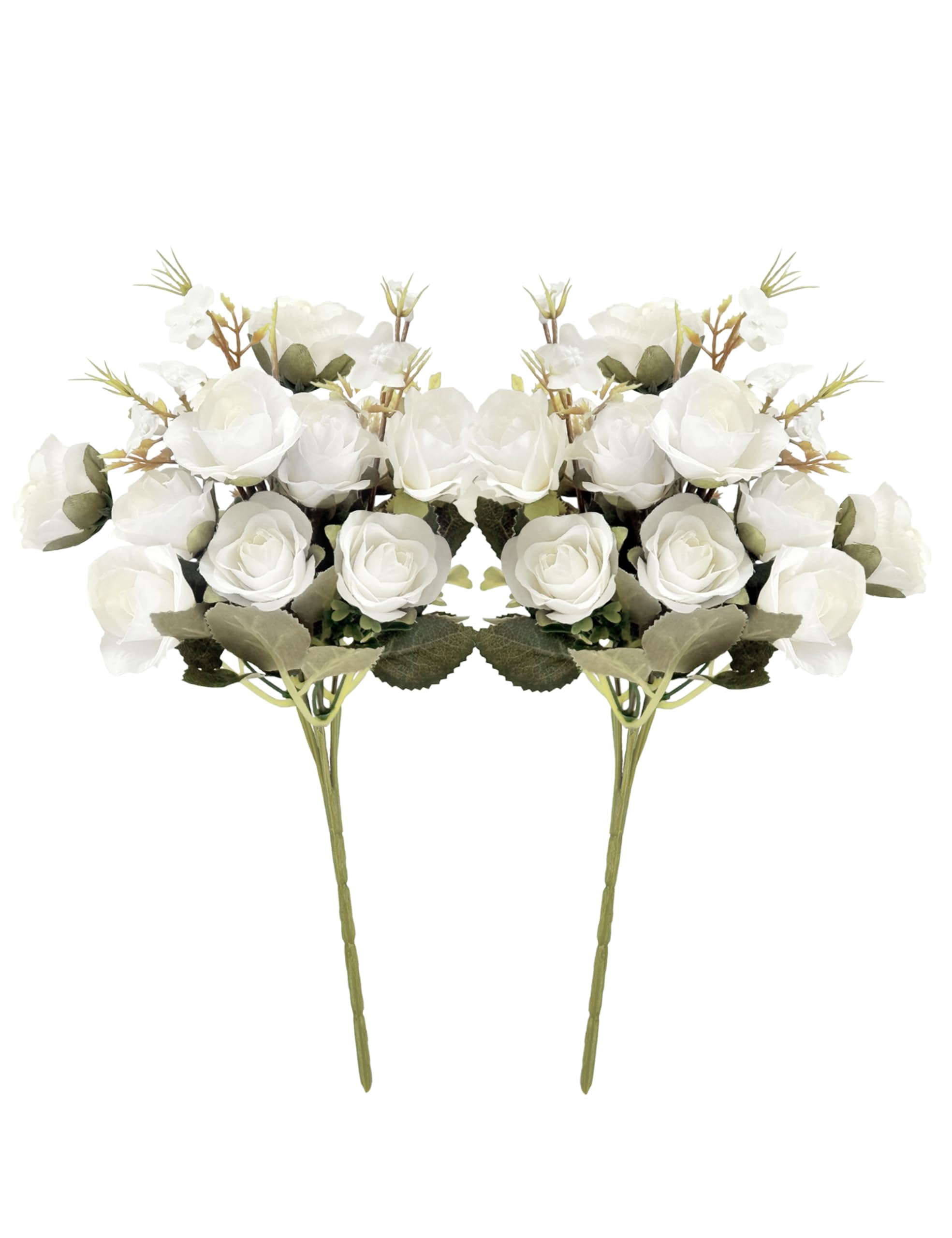 Neendohome 5 Stems 10 Heads Artificial Flowers Small Roses with Leaf Bouquet for Valentines Decoration Kitchen Wedding Office (2 Pcs, White)