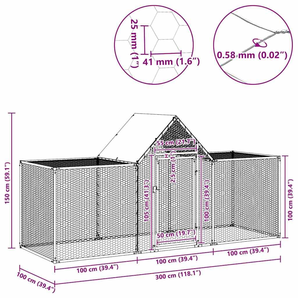 Gallinero de 3 x 1 x 1,5 m de acero galvanizado con techo impermeable, espacioso cercado para aves de corral, resistente a la intemperie con puerta con cerradura, adecuado para pollos, patos