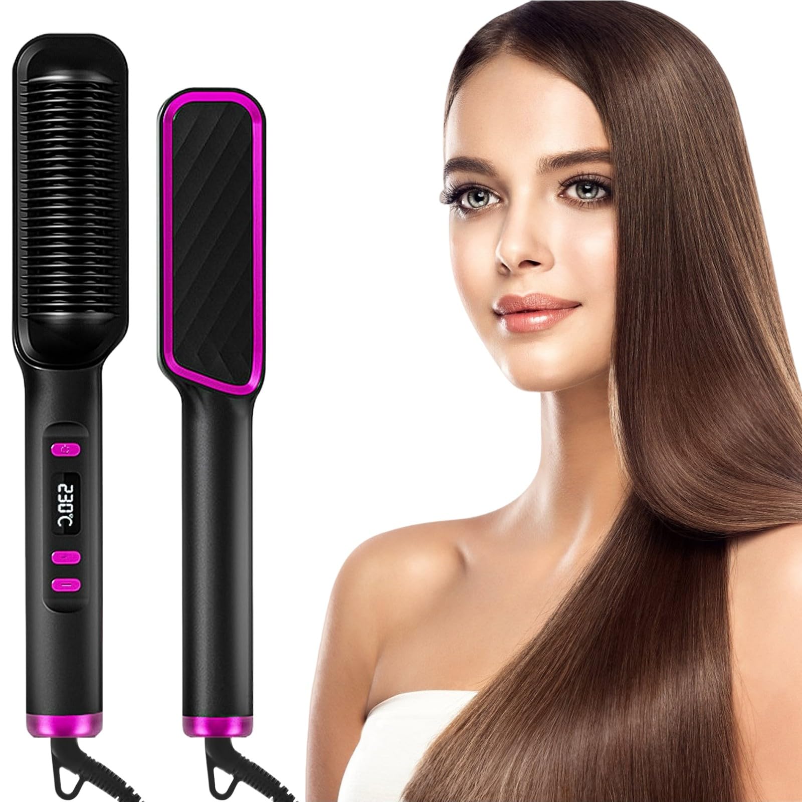 Anion Hair Straightener Brush, Fast Heating Straightener Comb w/LCD Screen, 80-230°C Adjustable Temperature, Anti-Scald Auto Temperature Lock & Off for Professional Hair Salon at Home, Black
