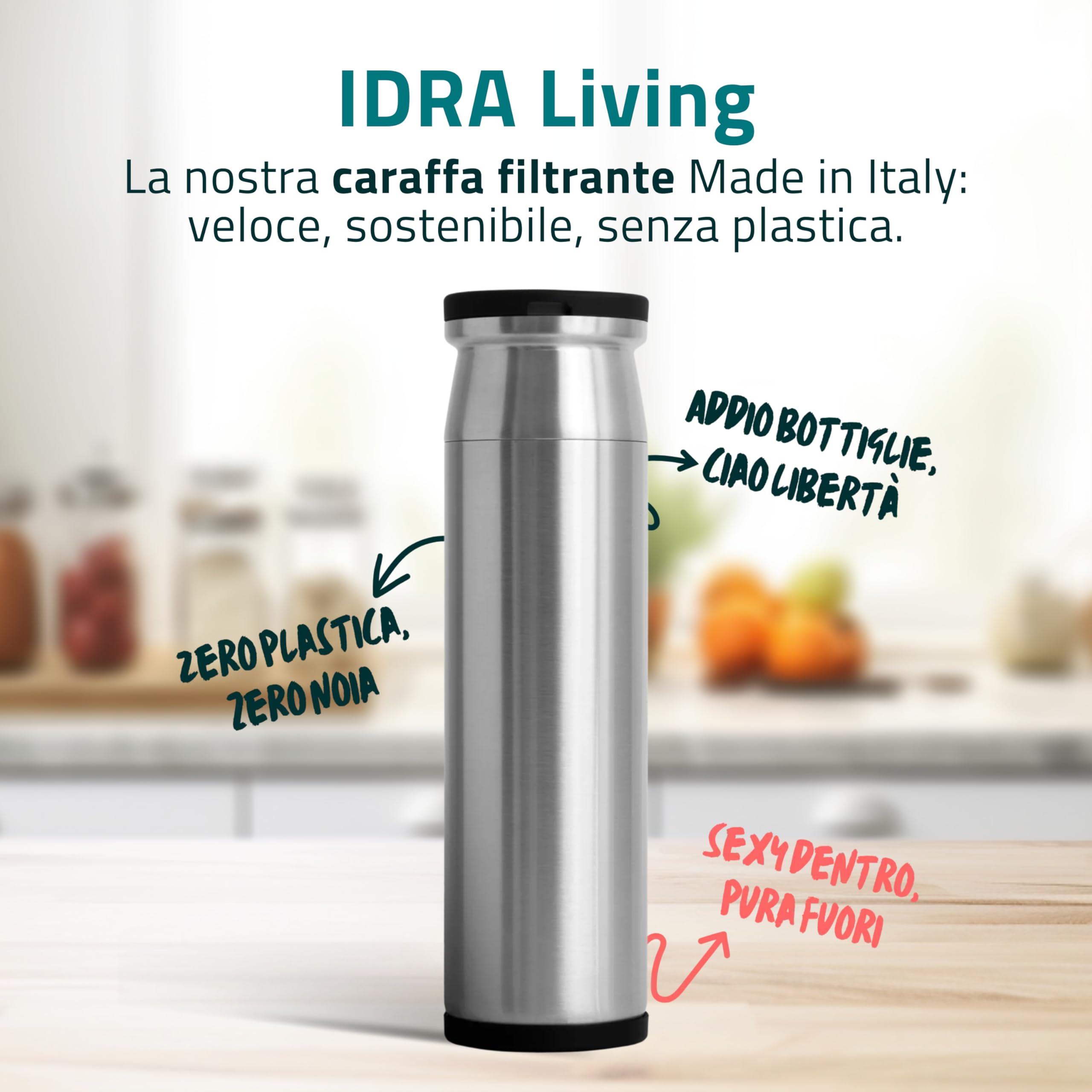 IDRA Living Wasserfilter aus Edelstahl (1,2 l), inklusive 1 Claysilite-Filter, reduziert Chlor, Kalk, PFOS und Metalle (> 0,2 µm), Druckfilterung, Made in Italy