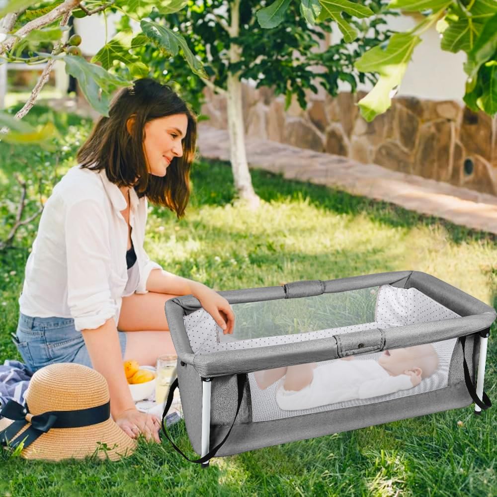 homewell Lit de Voyage Bébé Pliable, Berceau d'Appoint avec Moustiquaire, Compact, pour Intérieur/Extérieur (Gris)
