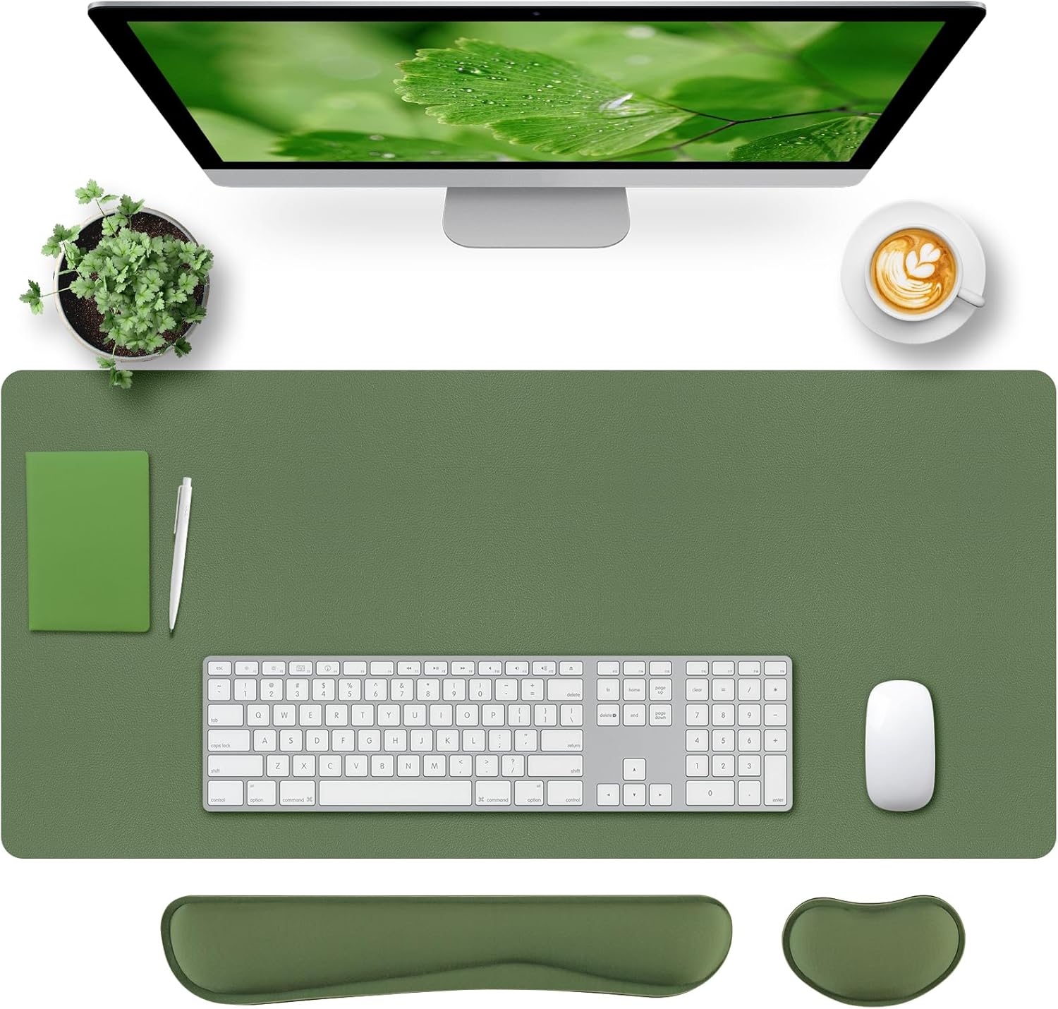 Bloss Keyboard and Mouse Wrist Rest + Leather Desk Mat, Desk Mat for Keyboard and Mouse, Desk Accessories for Women(35.4 x 15.7 Inch,Olive Green)