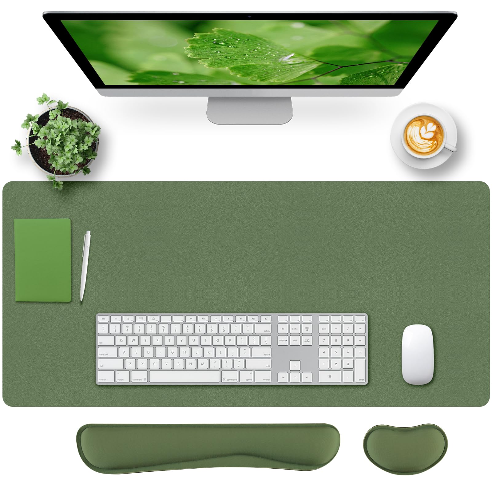 Bloss Keyboard and Mouse Wrist Rest + Leather Desk Mat, Desk Mat for Keyboard and Mouse, Desk Accessories for Women(35.4 x 15.7 Inch,Olive Green)