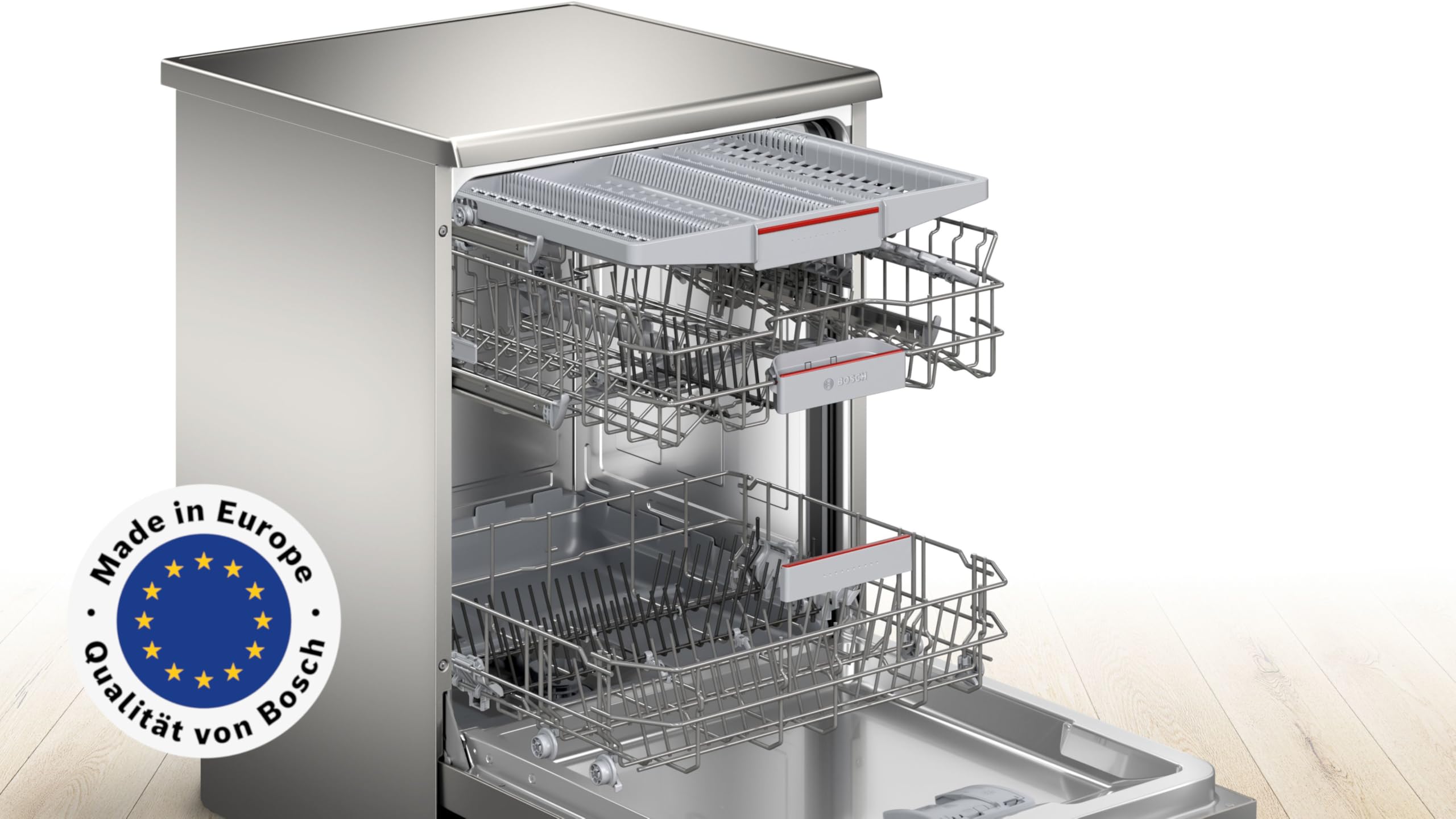 Bosch SMS4EVI08E, Smarter Geschirrspüler Freistehend 60 cm, Serie 4, Besteckschublade, Rackmatic, automatische Türöffnung, Intensive Reinigung, Anti-Fingerprint, Programmassistent, Edelstahl, AquaStop