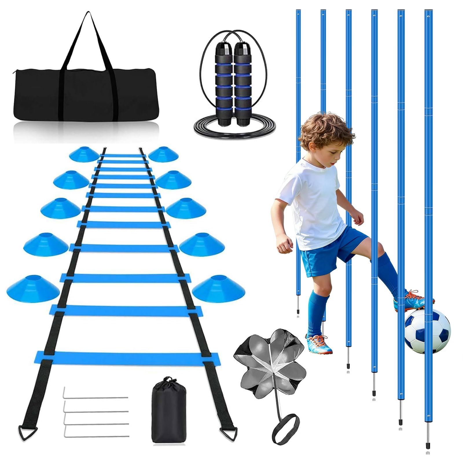 Barras de slalom, accesorios de entrenamiento con 6 polos de eslalom, escalera de coordinación de 6 m, 12 conos, cuerda de saltar y paracaídas de resistencia, juego de entrenamiento de fútbol para