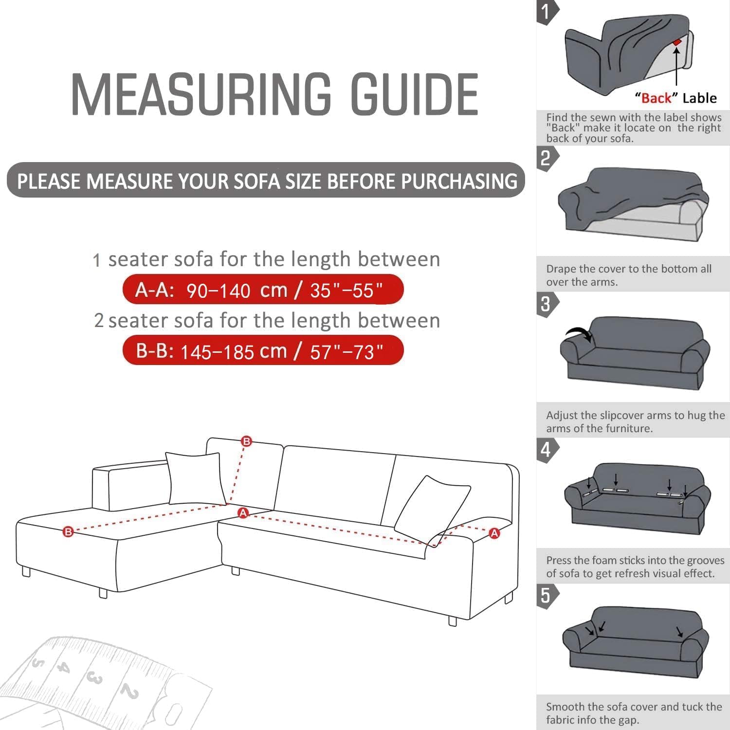 ShowyLive Juego de 2 Funda Chaise Longue Izquierdo/Derecho Ajustables Funda Cubre Sofá Chaise Longue Elásticas para Forma L Extraíbles Lavables (1 Plazas+2 Plazas, Gris)