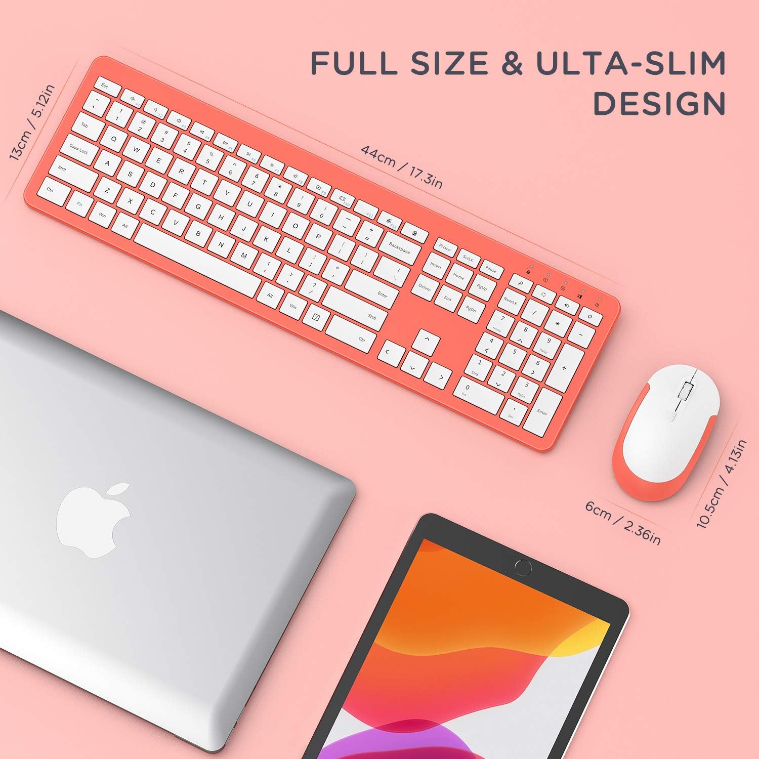 Wireless Keyboard and Mouse Combo - Full Size Slim Thin Wireless Keyboard Mouse with Numeric Keypad 2.4G Stable Connection Adjustable DPI - Living Coral & White
