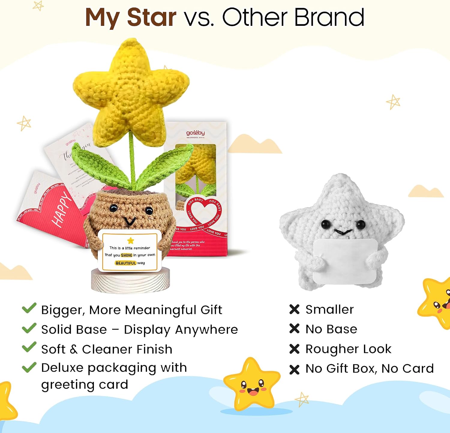 Gossby Positive Star Crochet - Inspirational Gift for Women- Emotional Support, Birthday, Encouragement, Thinking of You, Friend, Coworker, Boss - You Shine in Your Own Beautiful Way
