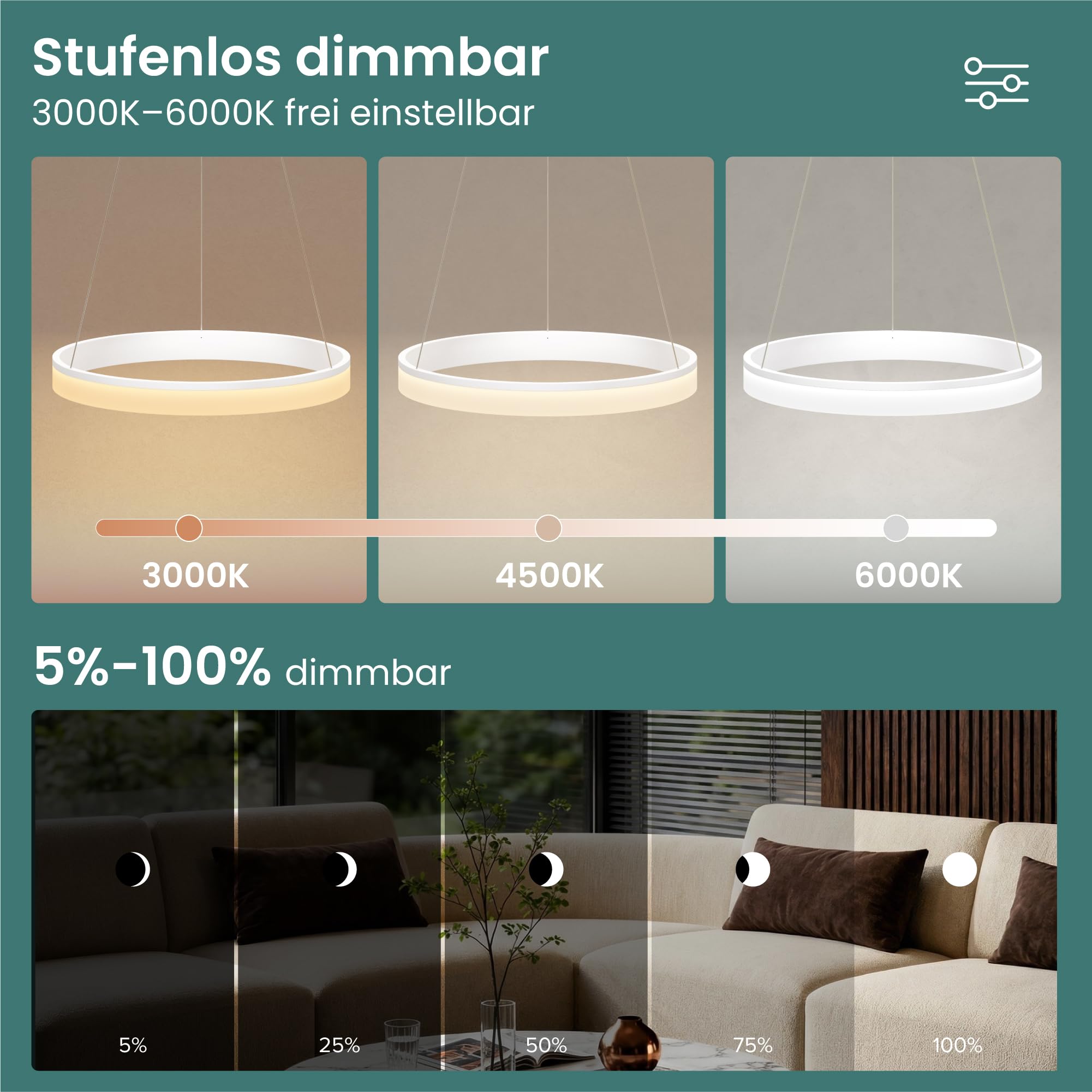 Mai & Mai Pendelleuchte Esstisch, dimmbar mit Fernbedienung & Wandschalter | LED Hängelampe, 60cm, 3000K–6000K,30W, höhenverstellbare Design, Moderne, Luvina02, Sandweiß