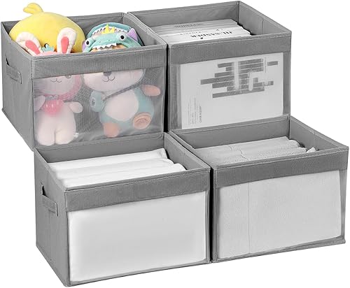 Remittur Paquete de 4 contenedores de almacenamiento de armario con ventana transparente, contenedores plegables de almacenamiento de lino con asa,