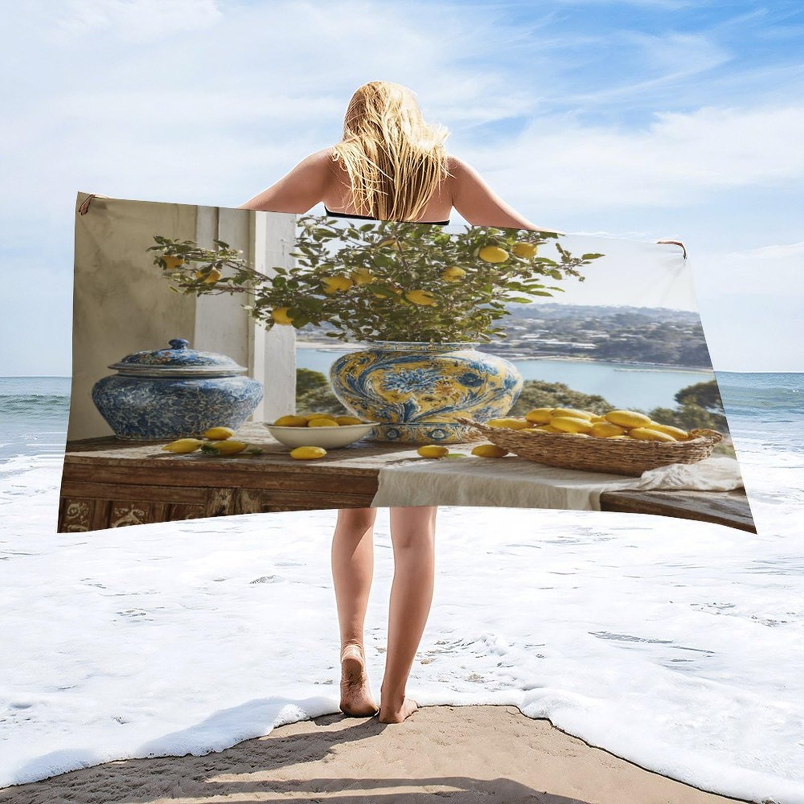 Luyysky Retro Classic Fruit Lemon Absorbent Beach Towel, Rustic Oil Painting Nautical Window Landscape Coastal Plant Floral Outdoor Single-Sided Velvet Beach Towel-80 W Cm X 160" L Cm