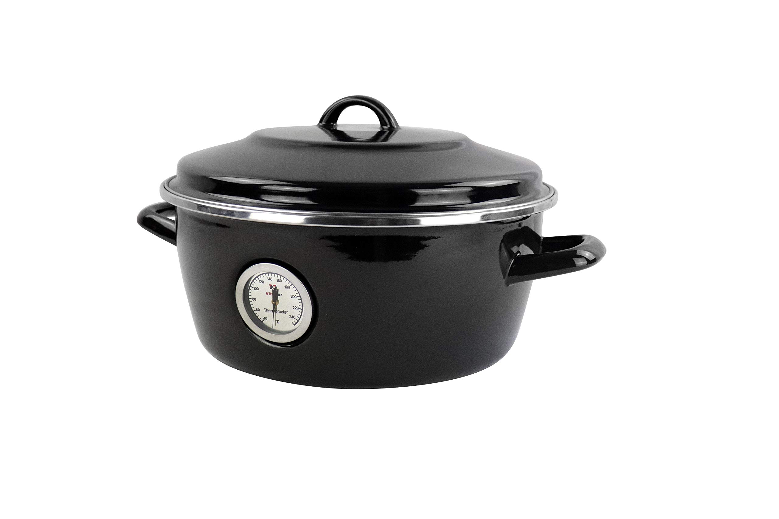 Dutch Oven Magefesa Negro de 26cm. Fabricado en España. Material de acero esmaltado con termómetro incorporado y recubrimiento antiadherente. Herrajes y tapas especiales para horno.
