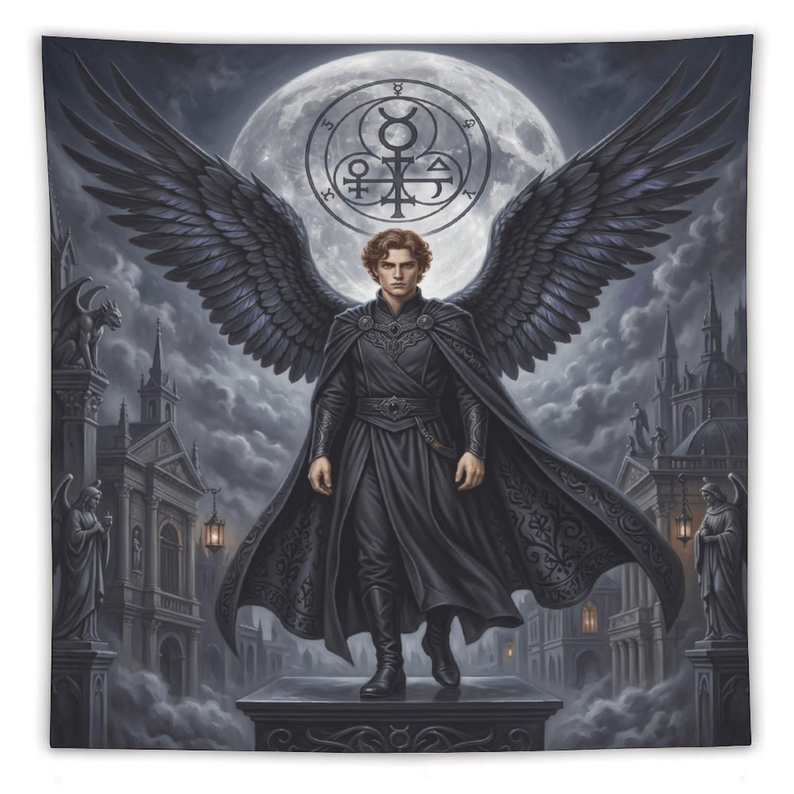 W7C8U2X3 Dark Angel Lucifer Gothic City Wall Tapestry, Moonlit Ruins