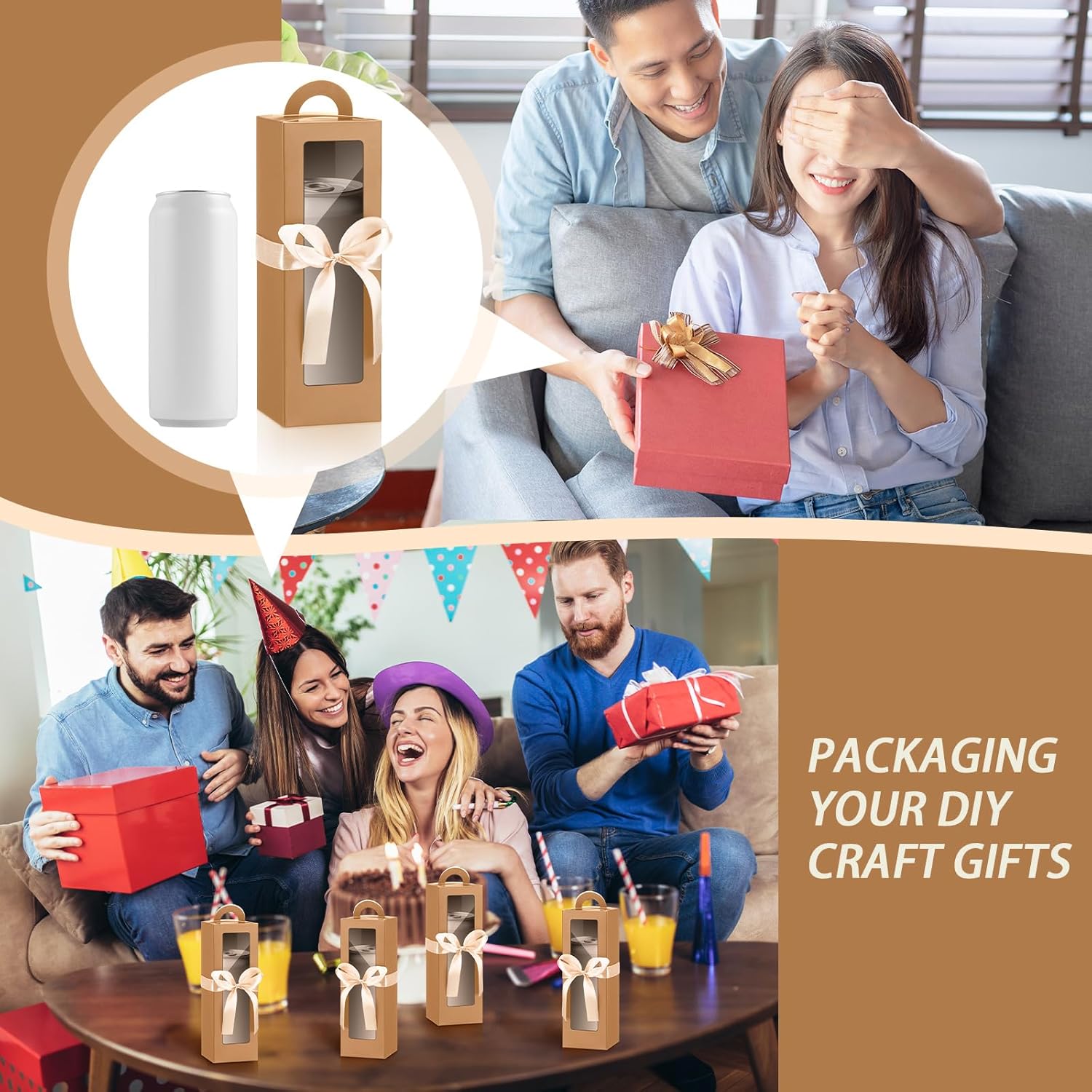 Ctosree 24 Pcs Tumbler Gift Box with Handle for 12oz 16oz 20oz 30oz Clear Wine Glass Gift Box Sublimation Tumblers Heat Press Blanks Bottle for Christmas Wrapping Packaging(Kraft Paper Color)