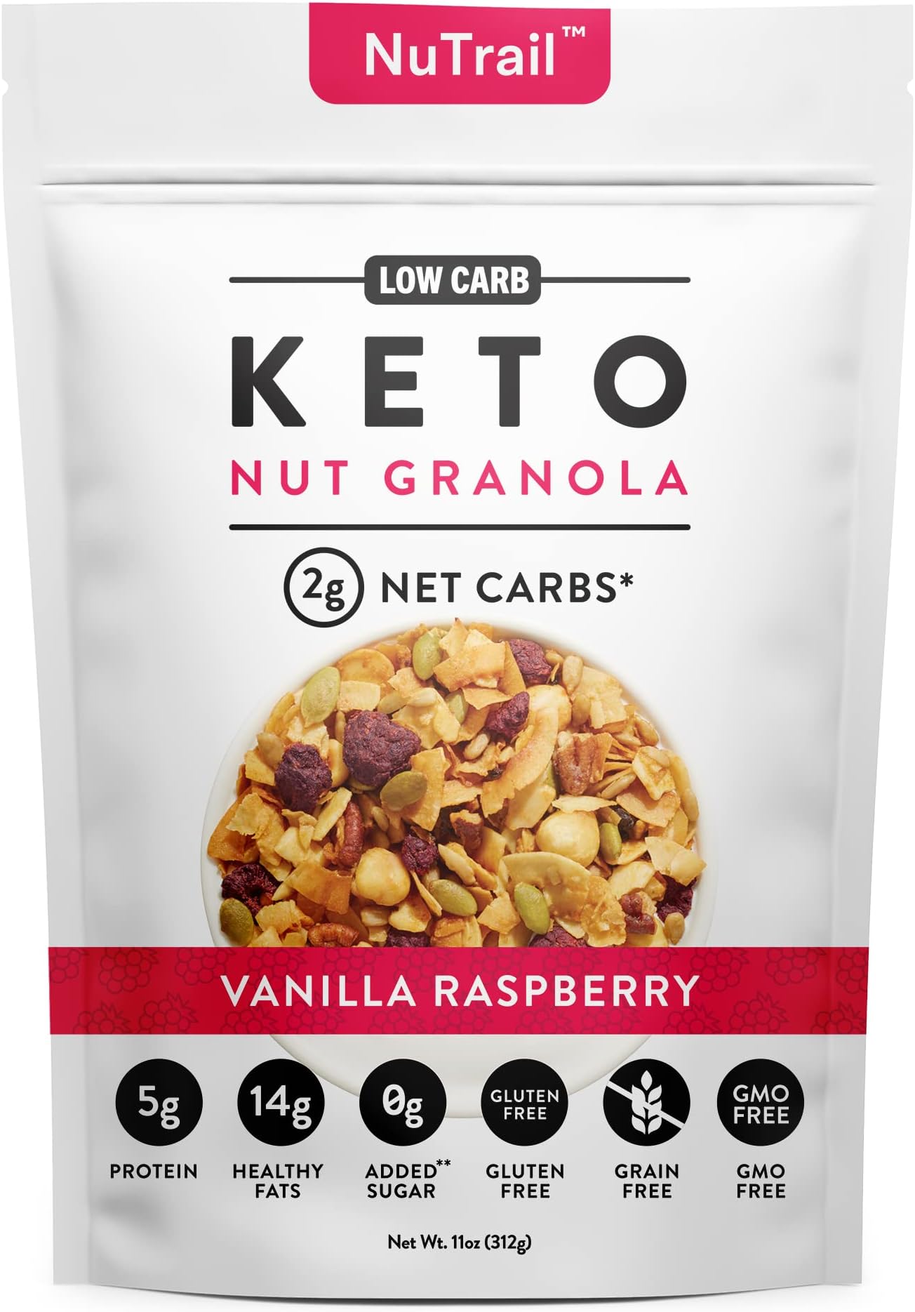 NuTrail - Keto Raspberry Nut Granola Healthy Breakfast Cereal - Low Carb Snack Food - 2g Net Carbs - Almonds, Pecans, Coconut and more 11 oz 1 Count