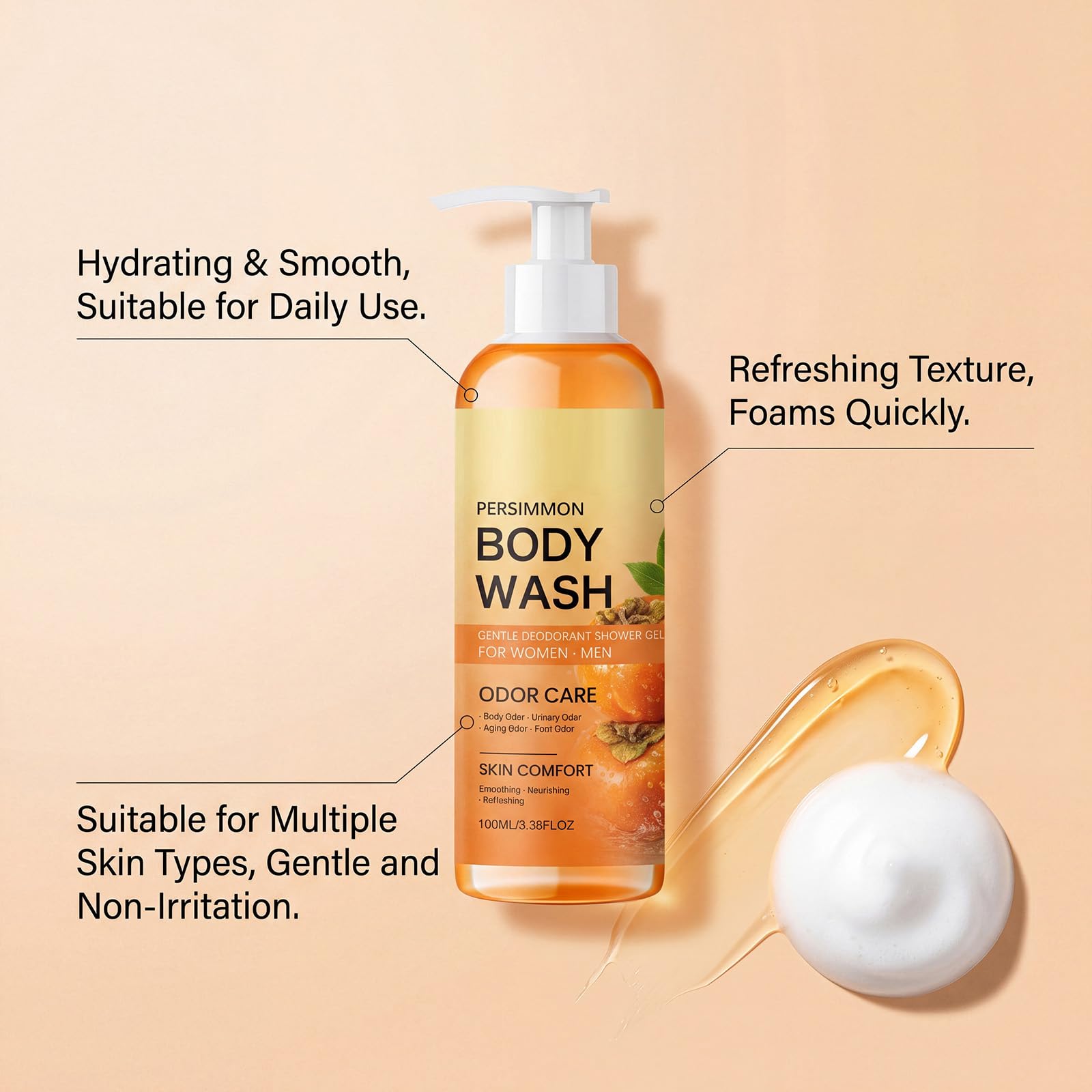 Persimmon Dezodorizing Body Wash For Daily Fresh, nawilżający żel pod prysznic do kontroli ciała, głębokie oczyszczanie, dezodoryzacja, smoothing Cleanser do usuwania zapachu Axle Aging (6 szt.)