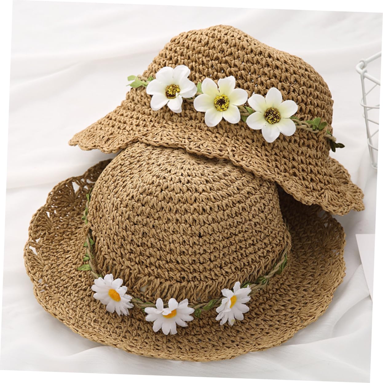 Holibanna Straw Sun Hat with Wide Brim for Sun Protection Lightweight Breathable Summer Beach Hat Decorated with Chrysanthemum for Ages Months