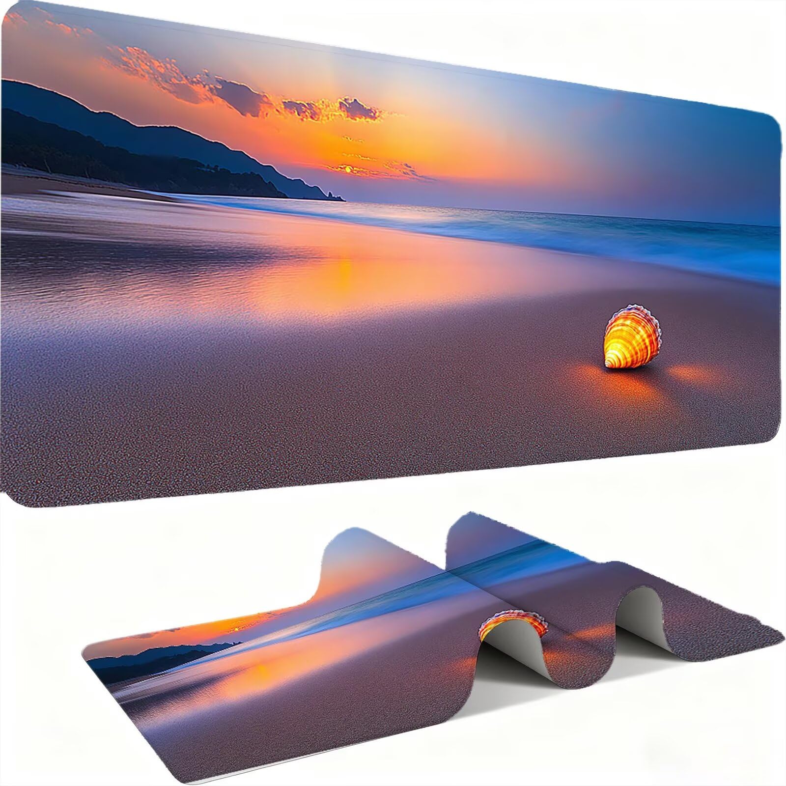 Podkładka pod mysz muszle/piaskowa plaża XXL 1200 x 600 mm duża podkładka pod mysz szyte krawędzie wodoodporna antypoślizgowa duże rozszerzone akcesoria biurowe do PC, poprawia dokładność i szybkość