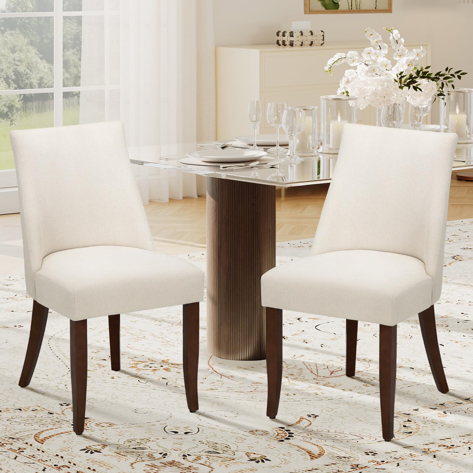 COLAMY Upholstered Dining Chairs Set of 2, Mid Century Modern Kitchen Chairs with Back, Farmhouse Fabric Side Dining Room Chairs with Wood Legs for