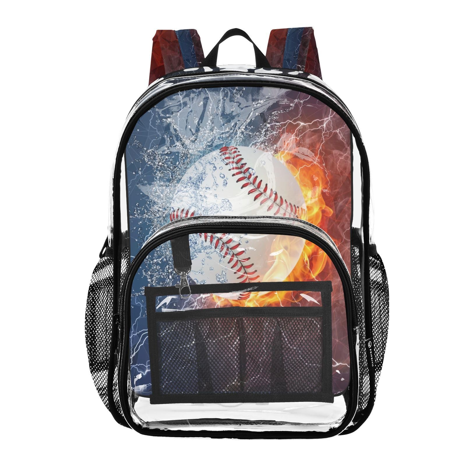 CIJEMAPW Baseball Clear Backpack Fire PVC Transparent Backpack with Reinforced Straps for Women Men ，12L Large See Through Bookbag for School Work